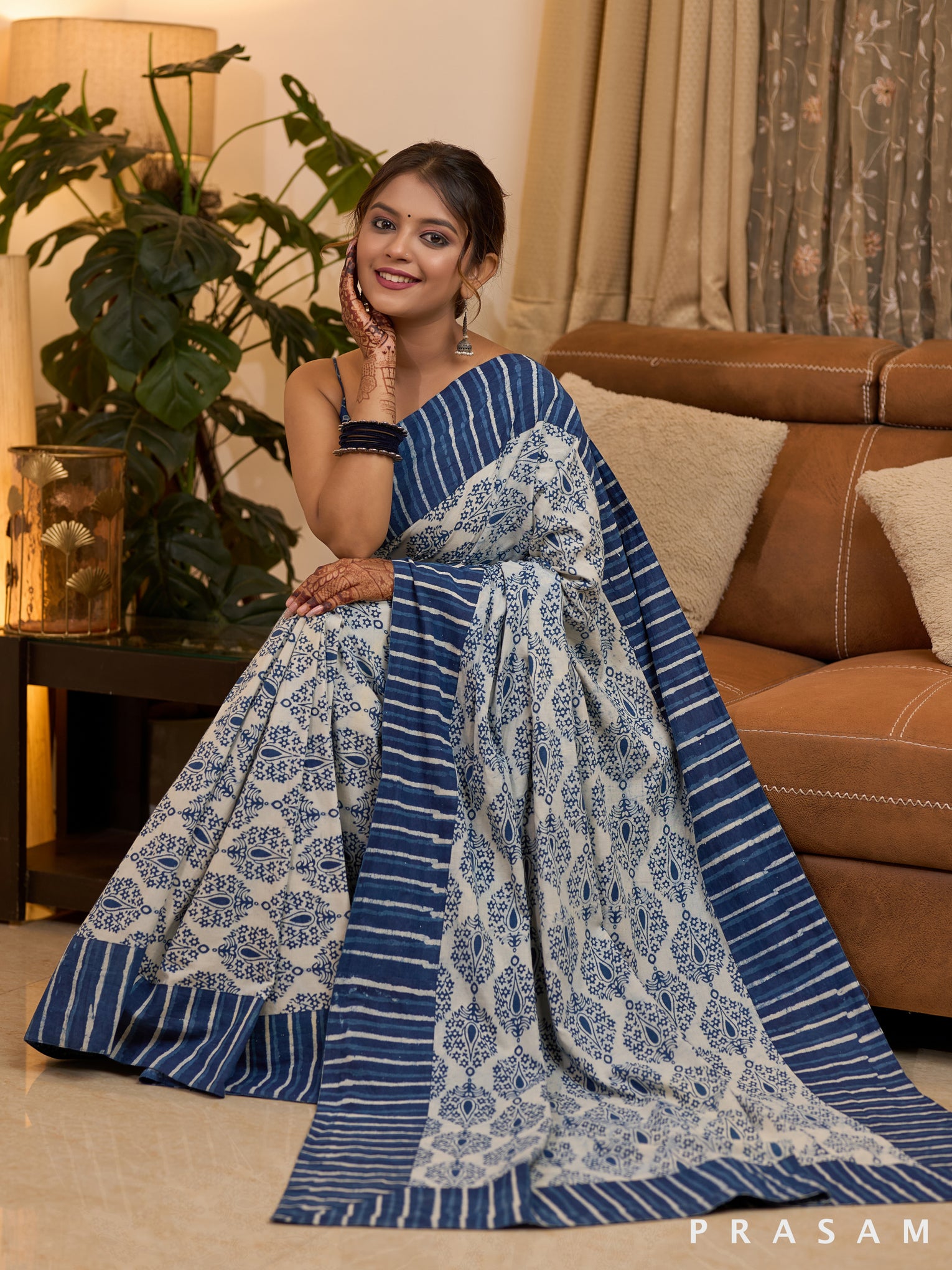 Striped Indigo Splendor Bagru Printed Cotton Saree