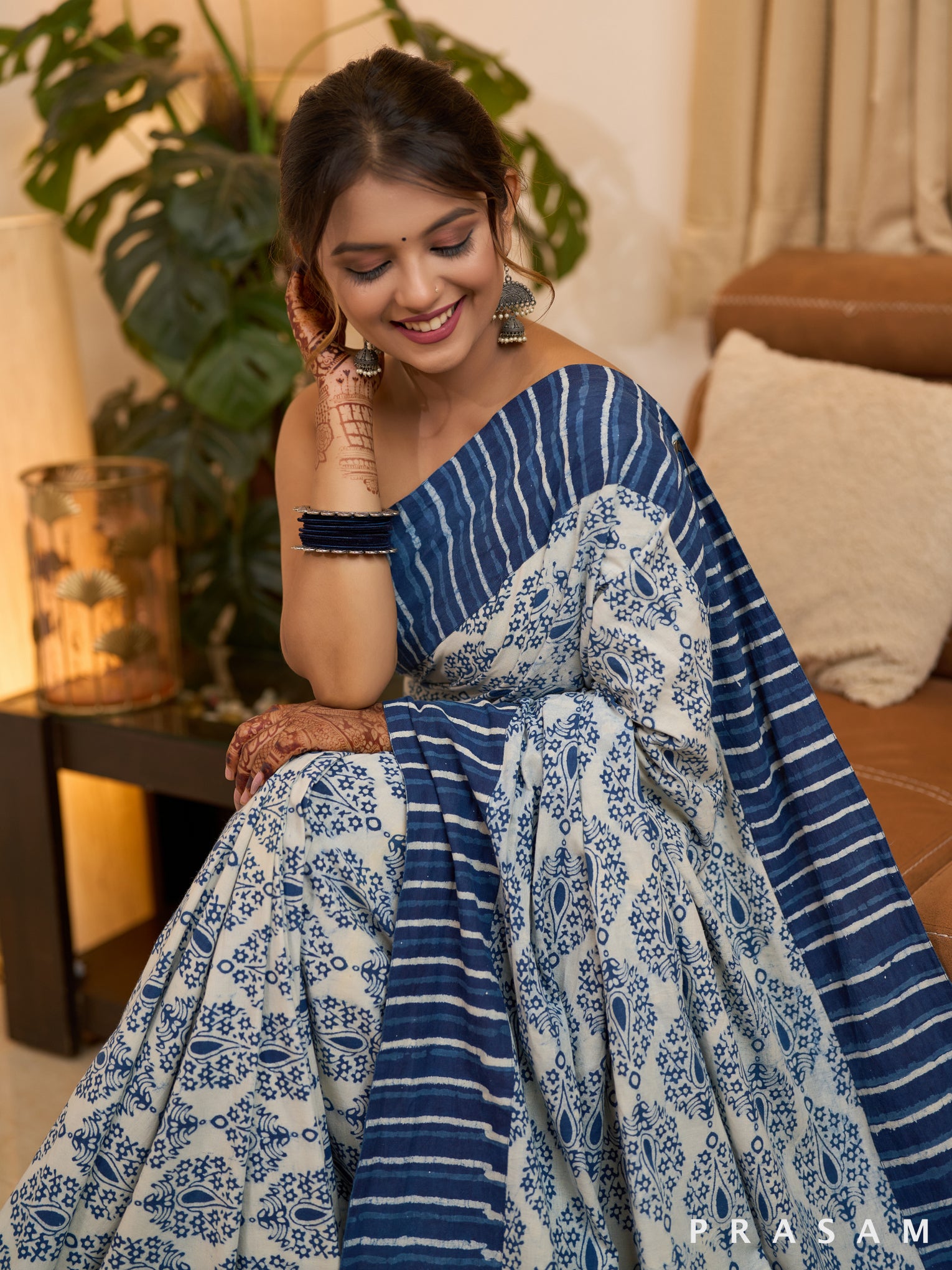 Striped Indigo Splendor Bagru Printed Cotton Saree