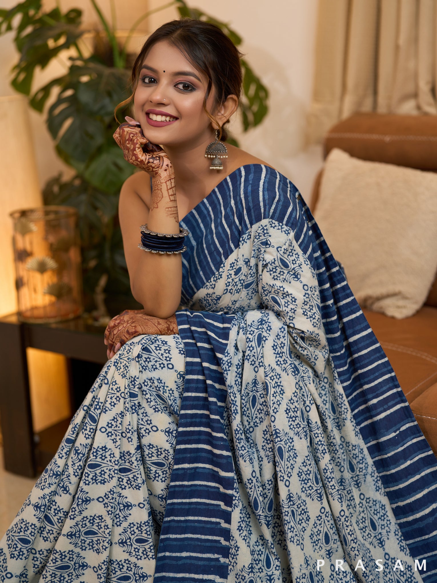 Striped Indigo Splendor Bagru Printed Cotton Saree