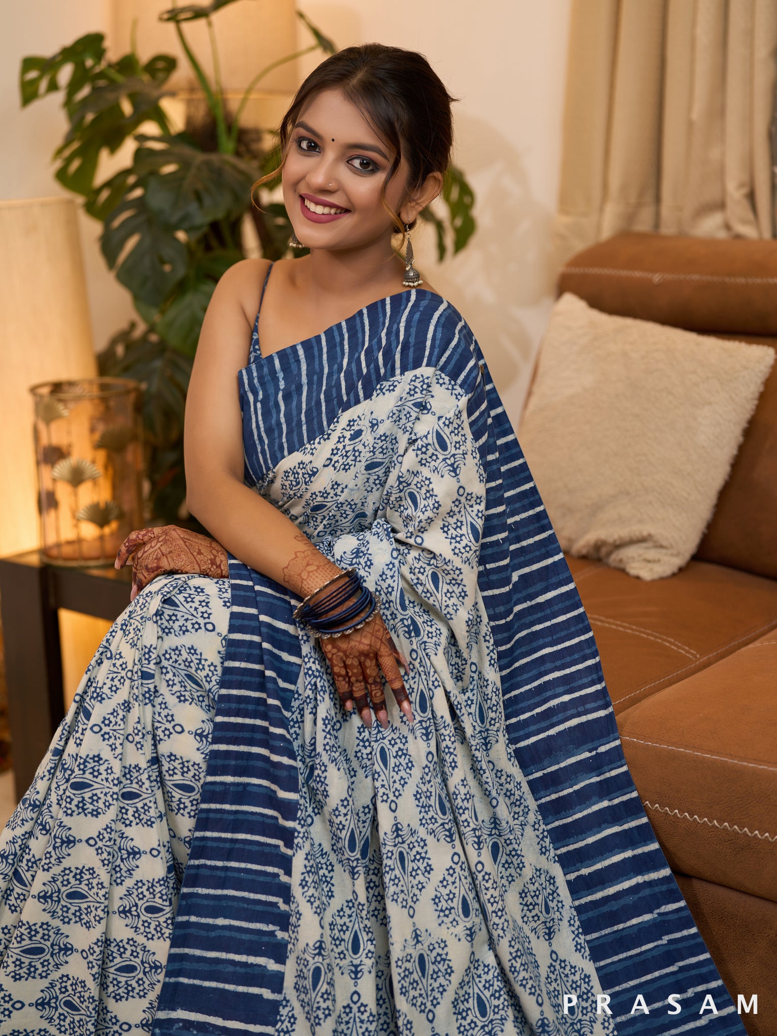 Striped Indigo Splendor Bagru Printed Cotton Saree