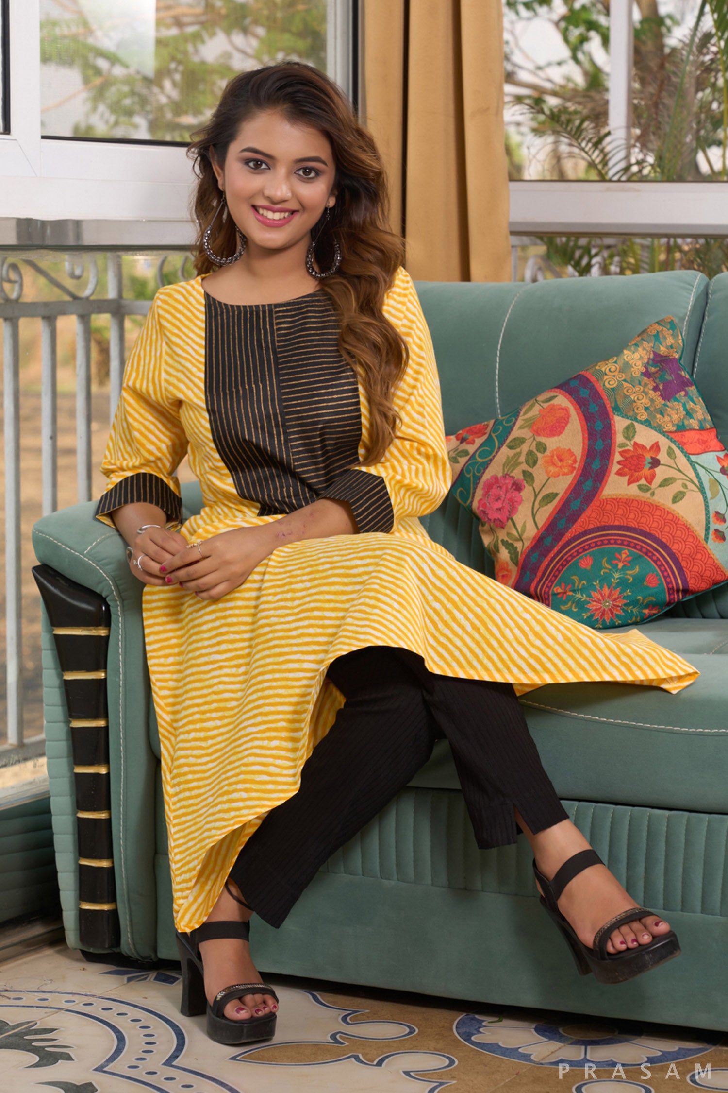 Golden Sunrise Leheriya Kurti with block print black and gold yoke