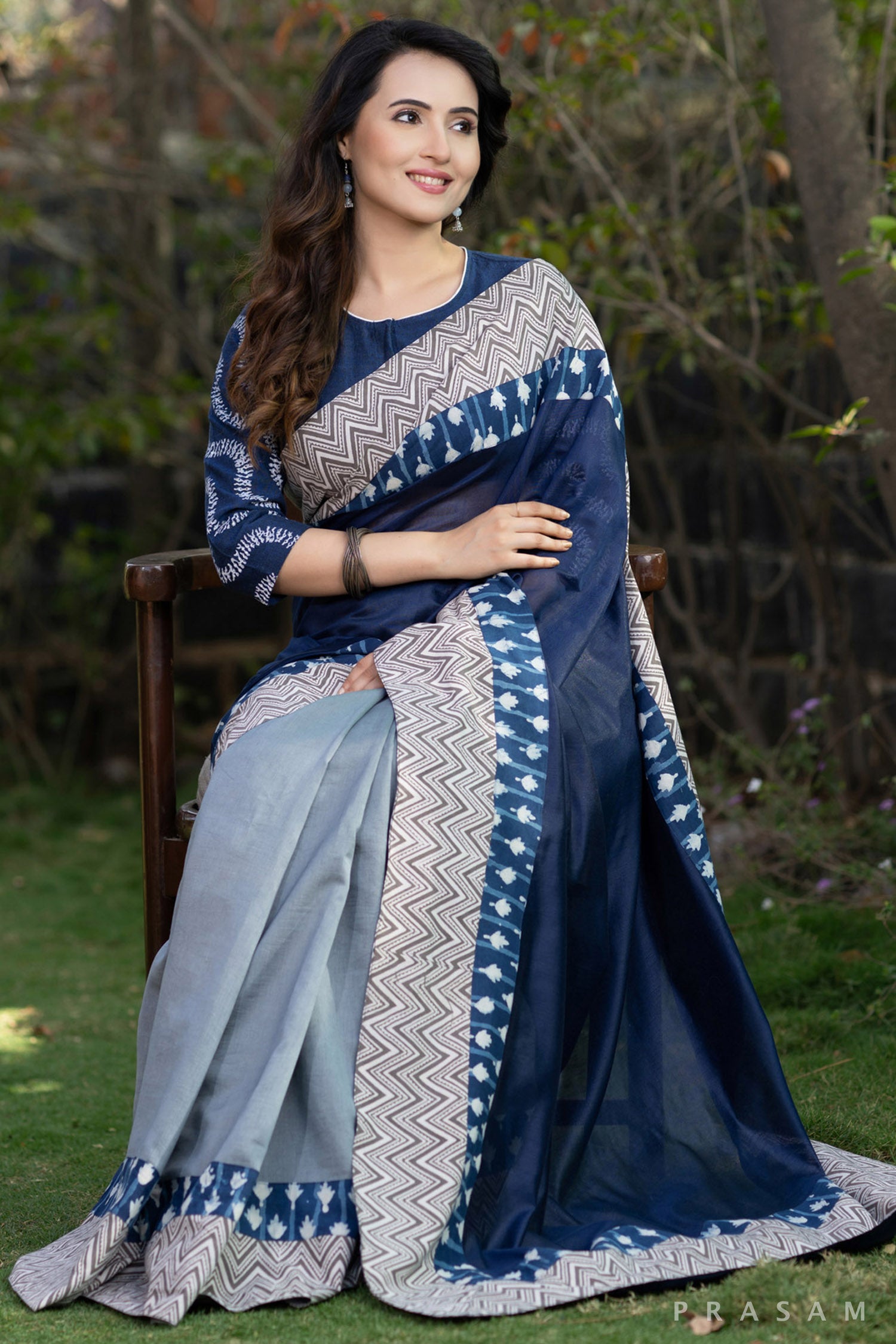 Tanvi Chanderi silk half and half saree with bagru borders