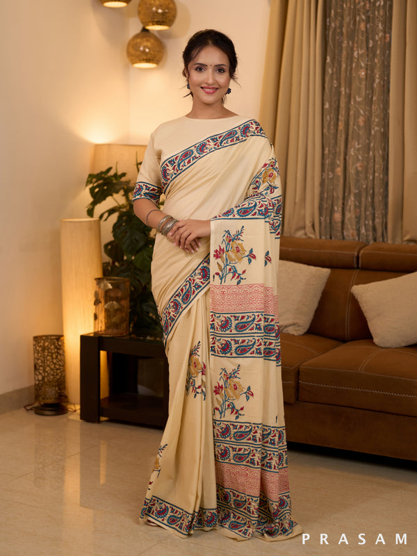 Beige Beauty Mul Block Printed Saree