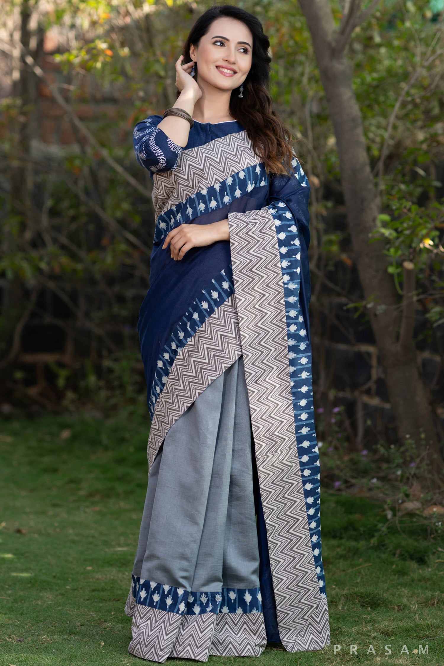 Tanvi Chanderi silk half and half saree with bagru borders