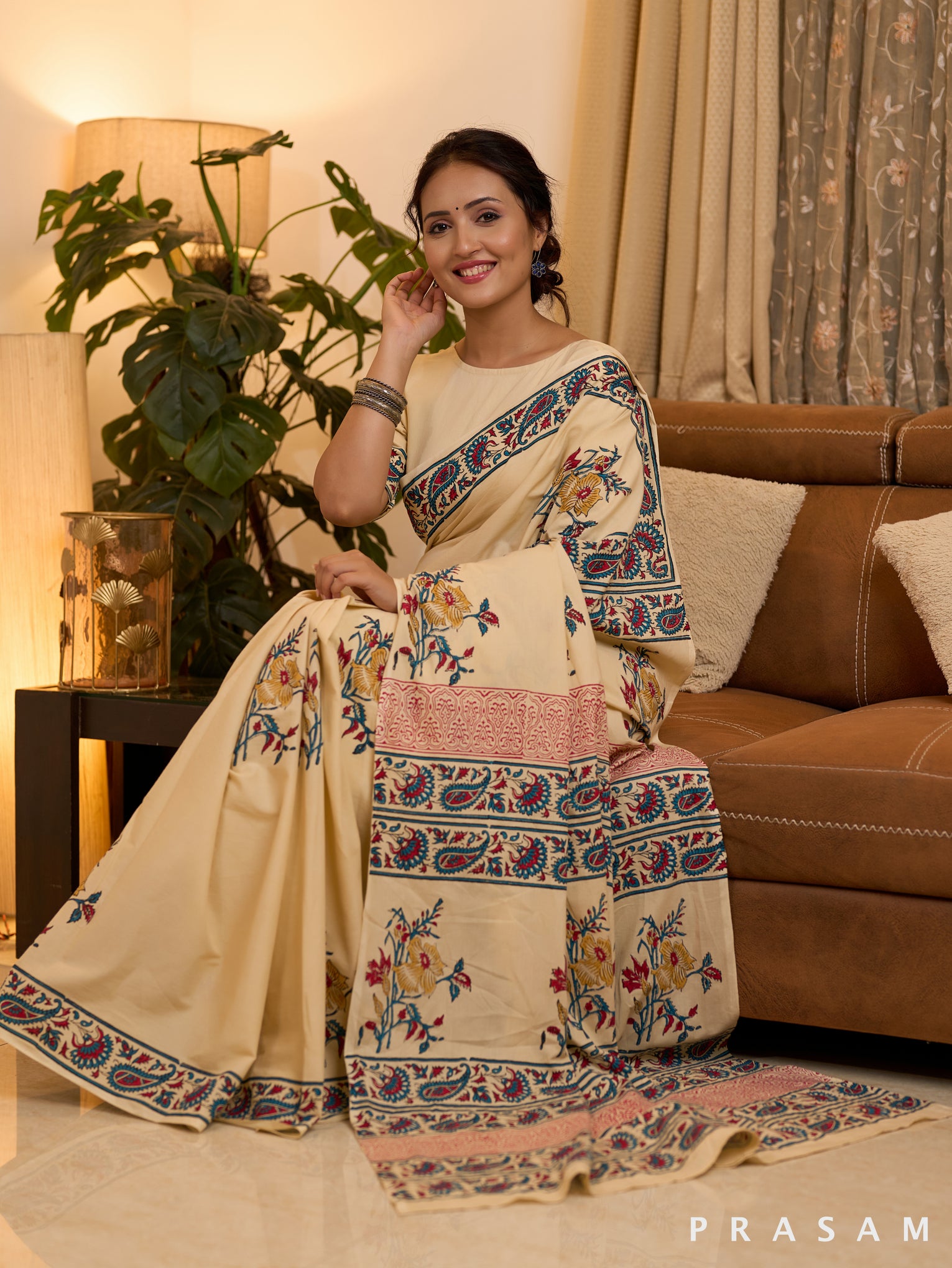 Beige Beauty Mul Block Printed Saree