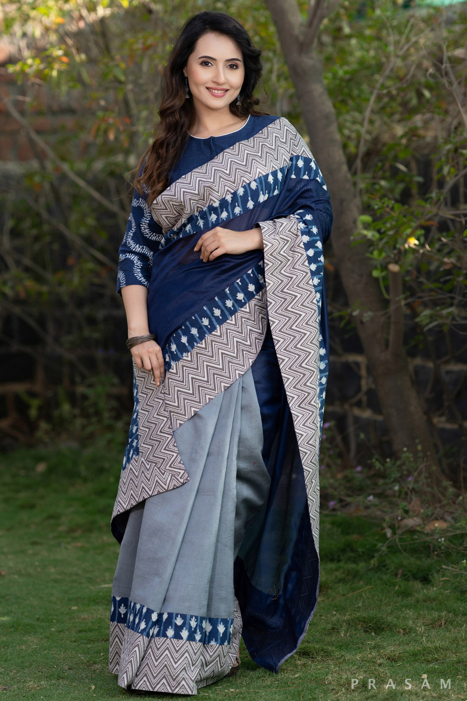 Tanvi Chanderi silk half and half saree with bagru borders