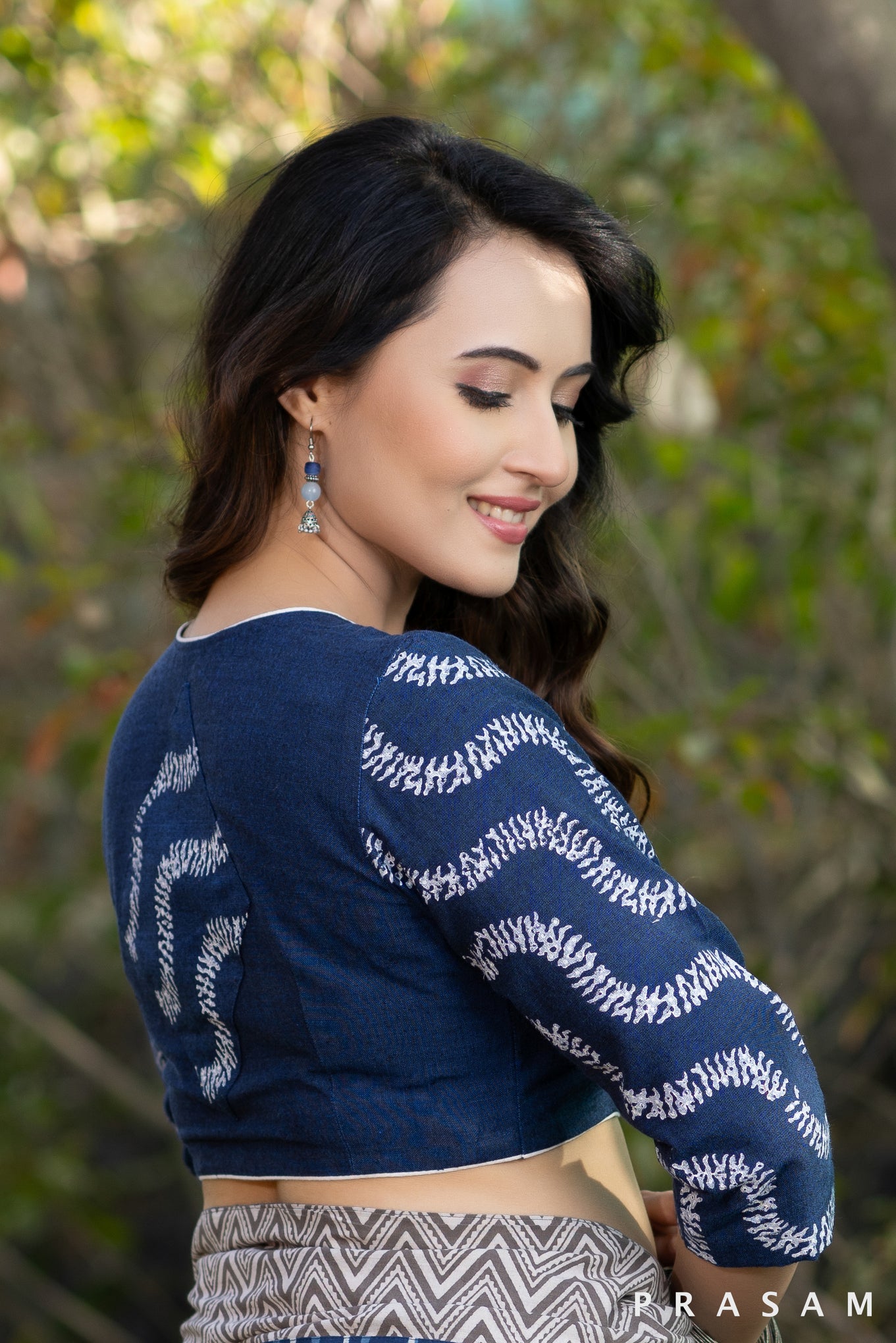 Indigo block print cotton blouse