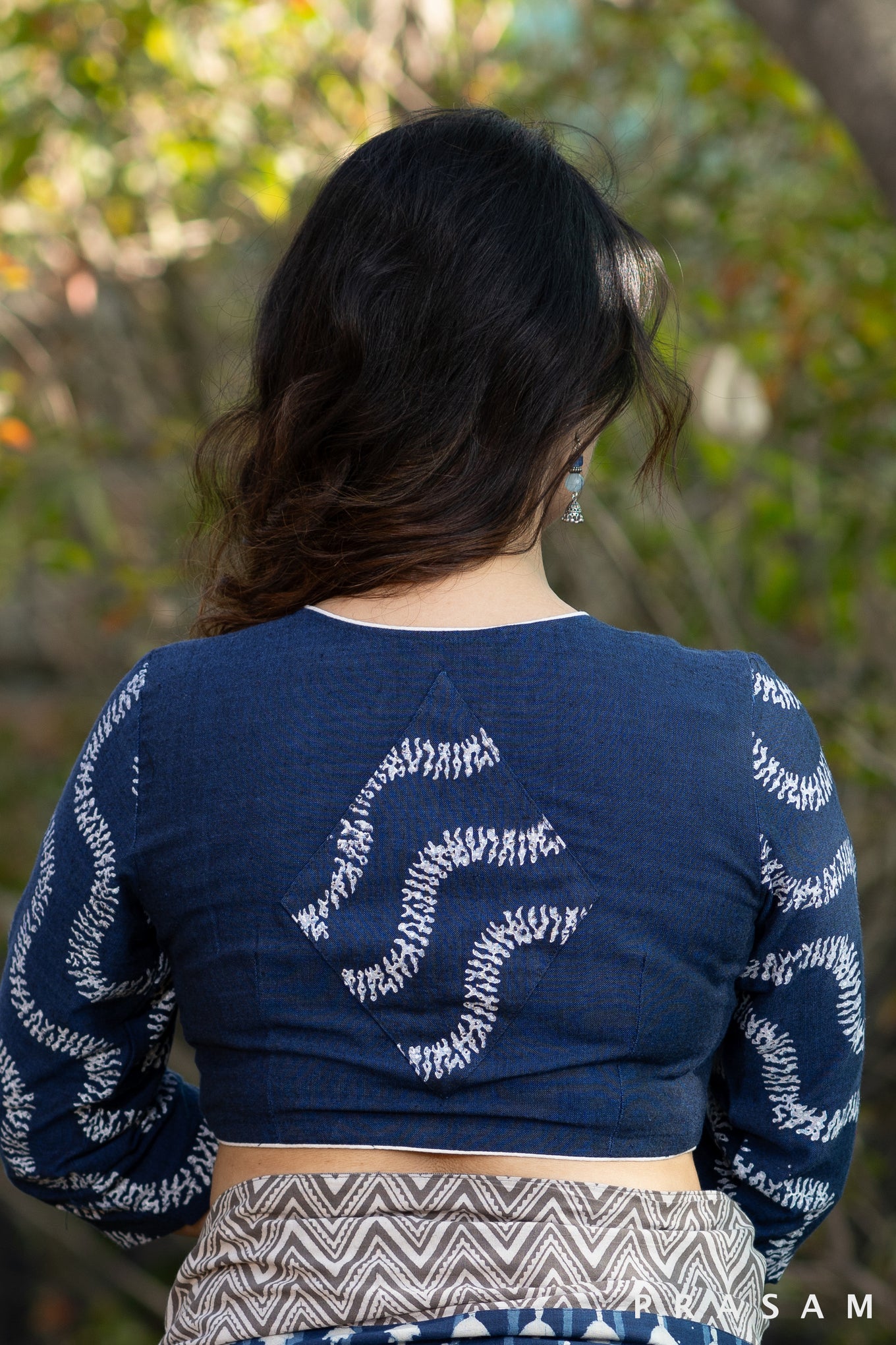 Indigo block print cotton blouse