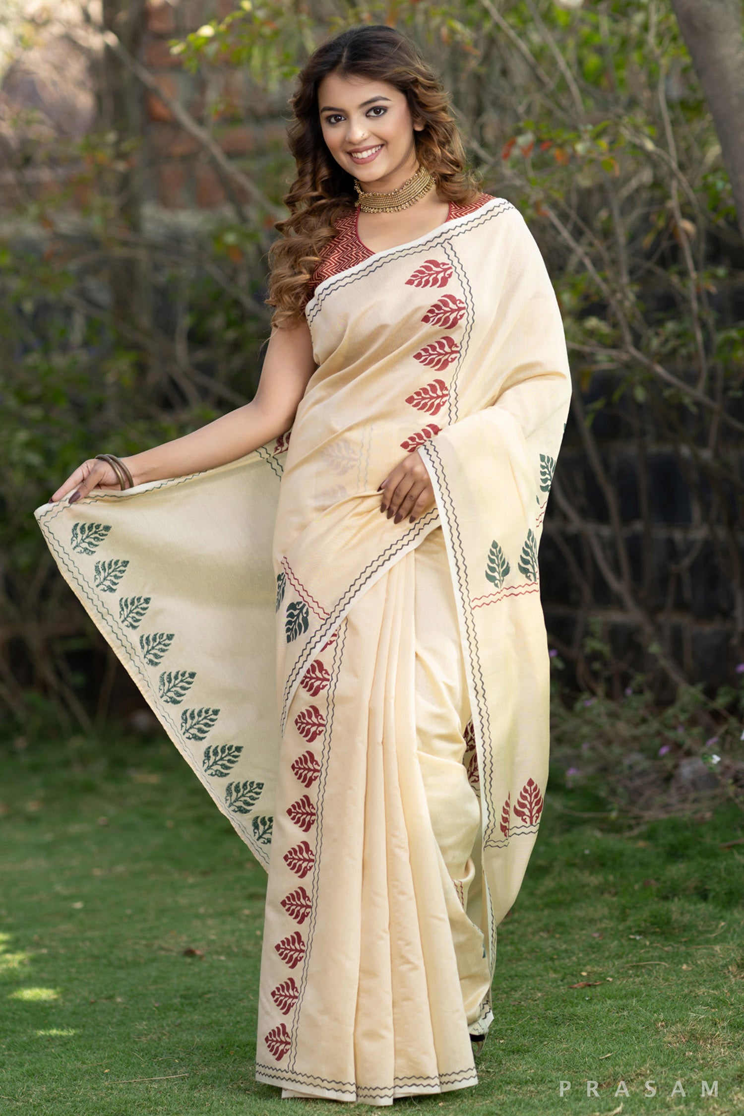 Yamini Beige block printed chanderi saree