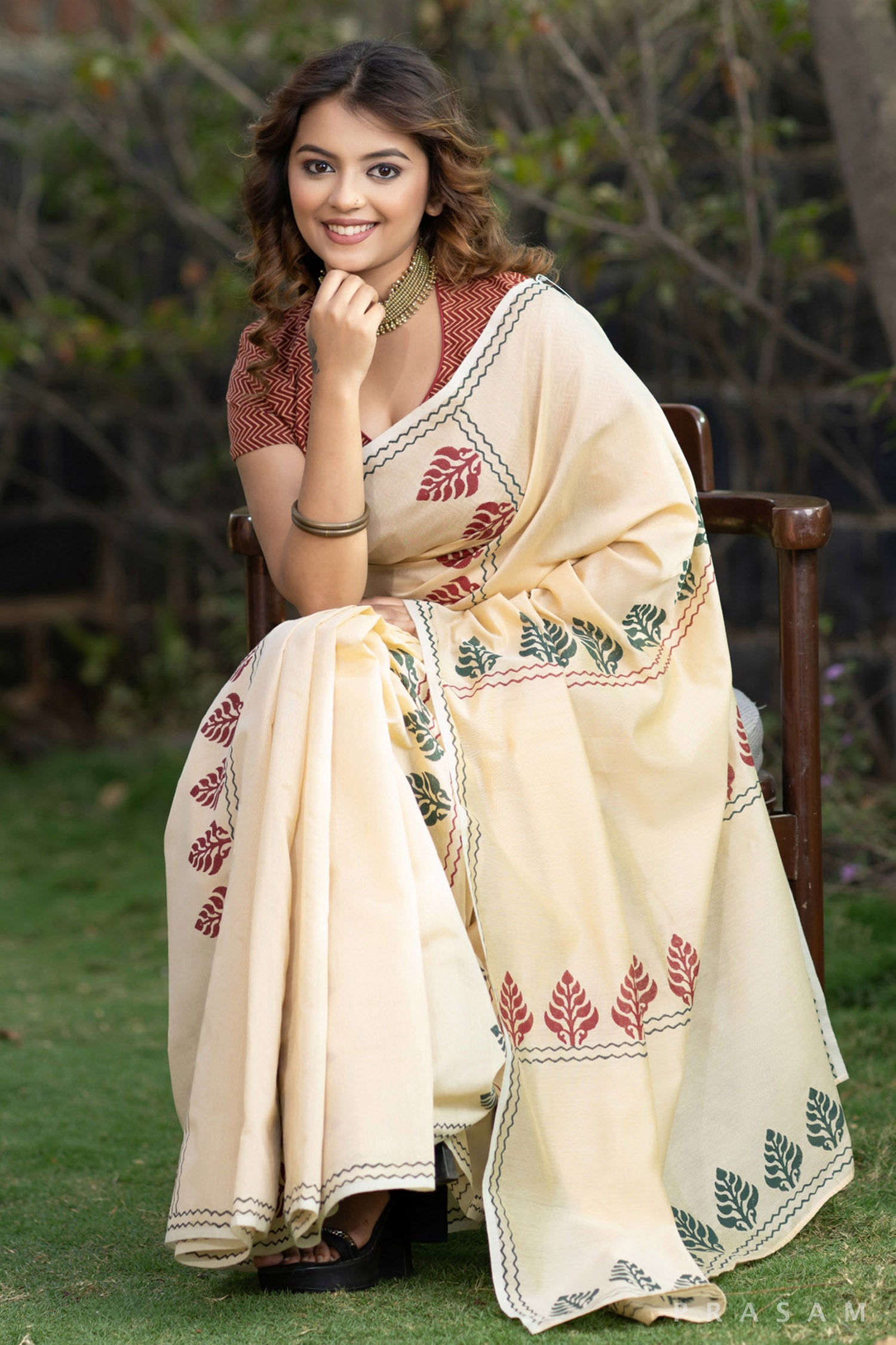 Yamini Beige block printed chanderi saree