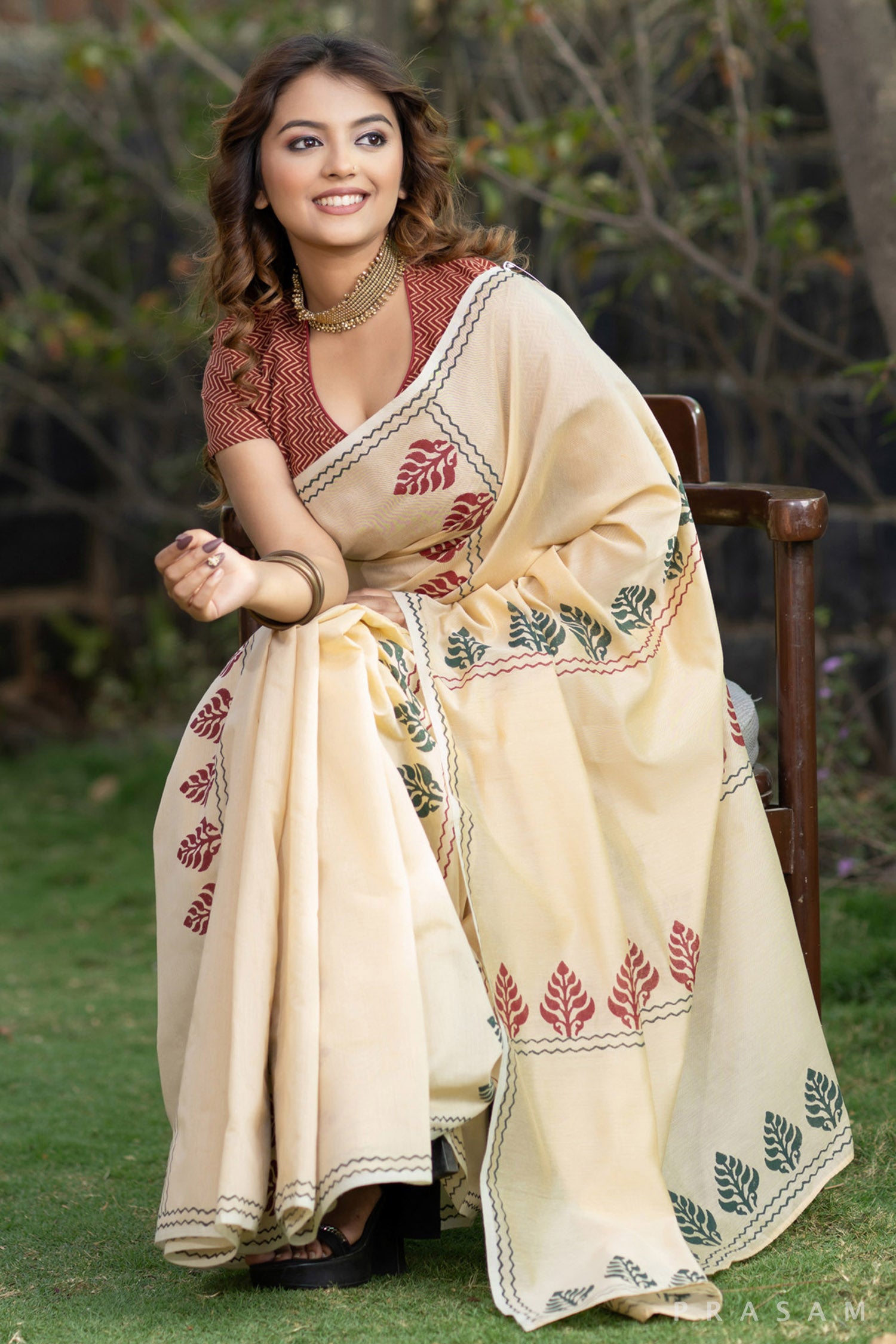 Yamini Beige block printed chanderi saree