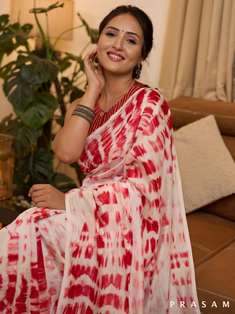 Red Delight Shibori Print Chanderi Saree with Slub Cotton Pallu