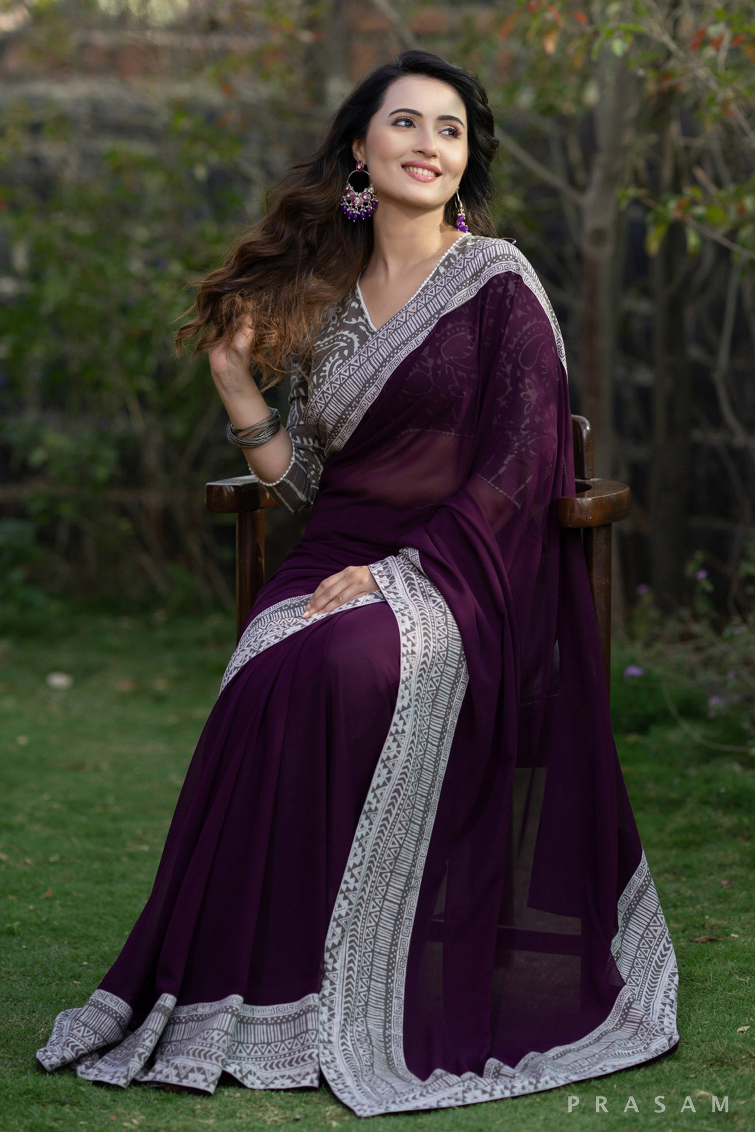 Akriti Wine coloured georgette saree with bagru border