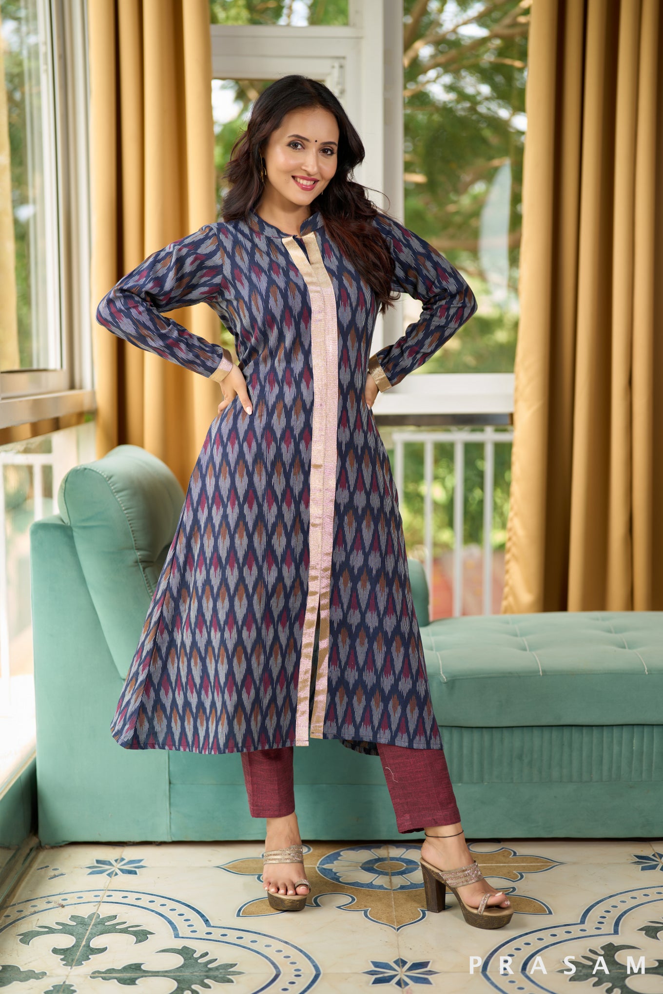 Twilight Navy Ikat Kurta with Delicate Gold Lace (Optional Pants)