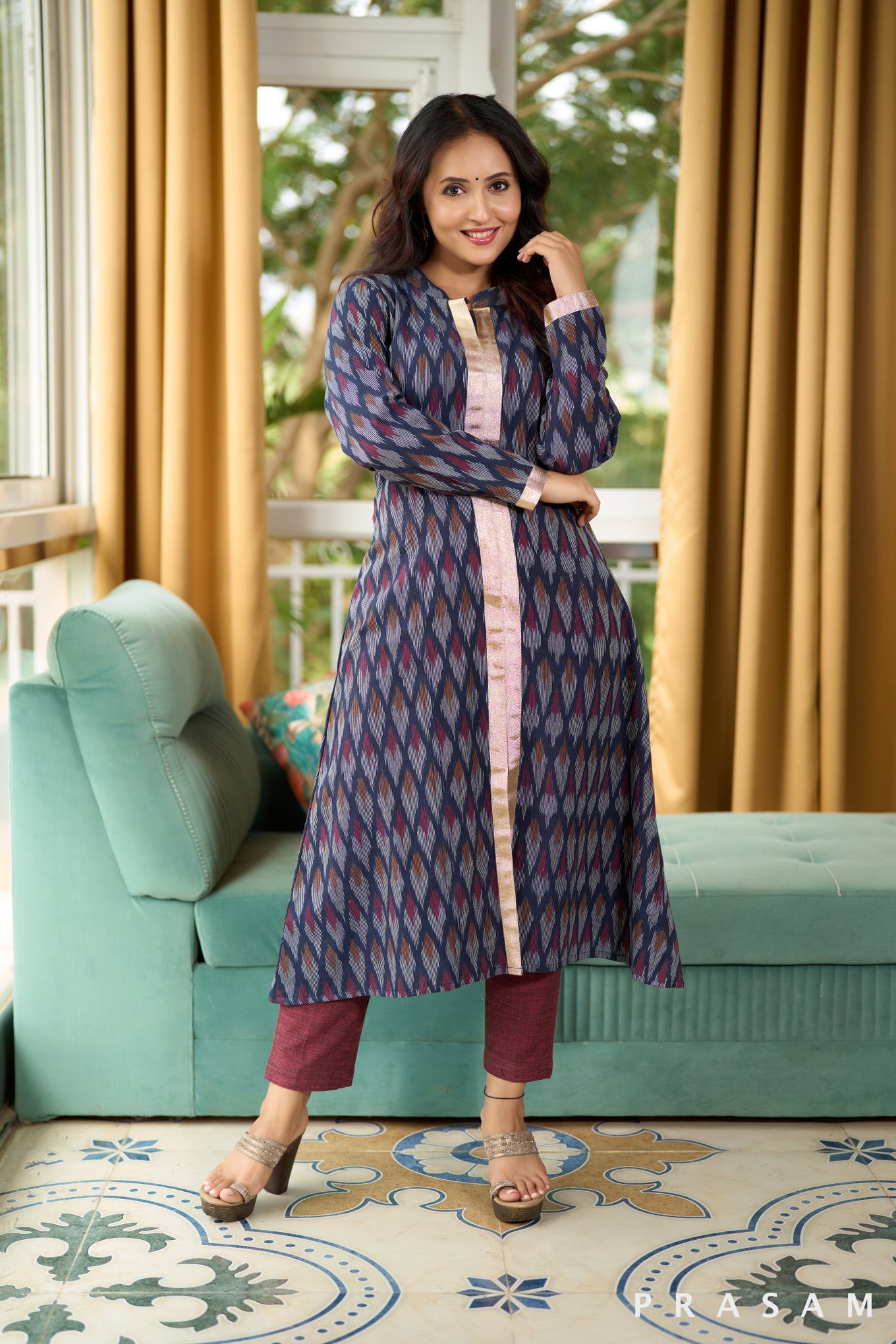 Twilight Navy Ikat Kurta with Delicate Gold Lace (Optional Pants)