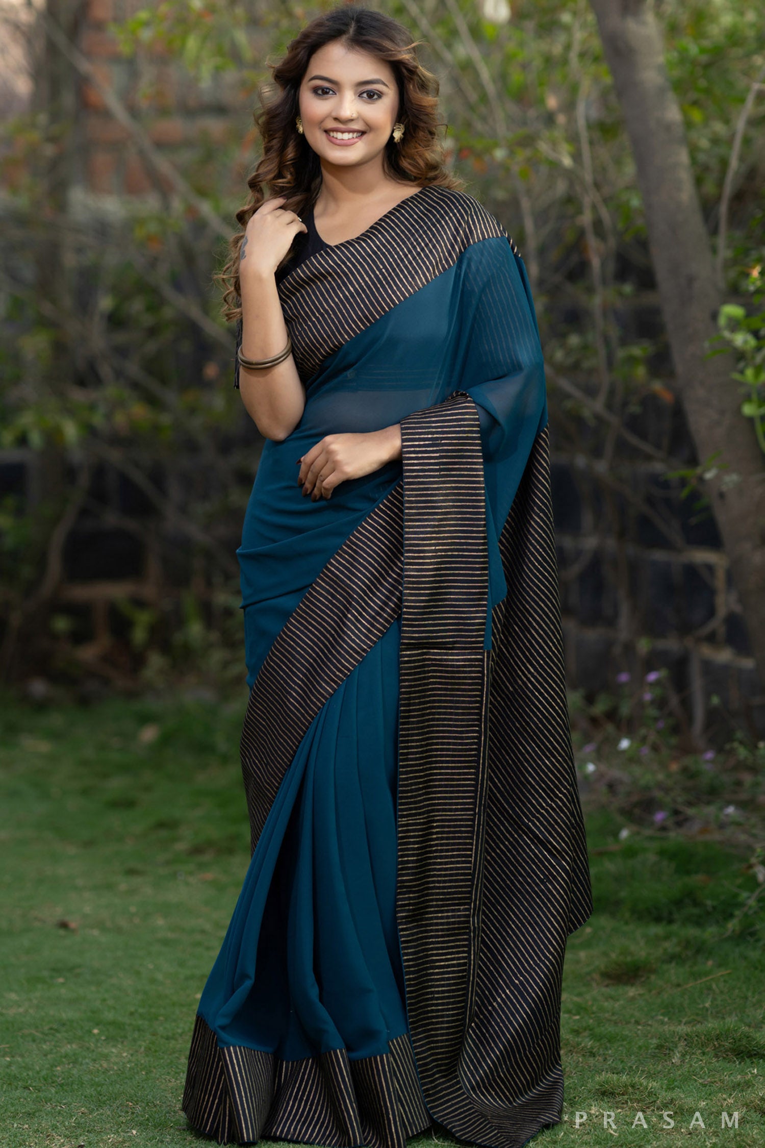 Sajun Teal Green Blue Georgette Saree with Block Printed Pallu and Border