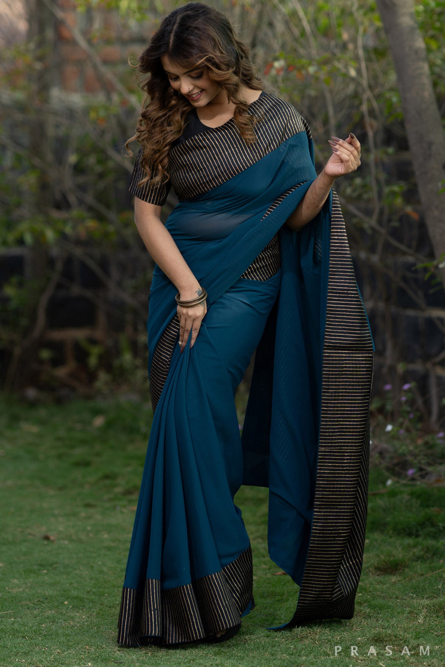 Sajun Teal Green Blue Georgette Saree with Block Printed Pallu and Border