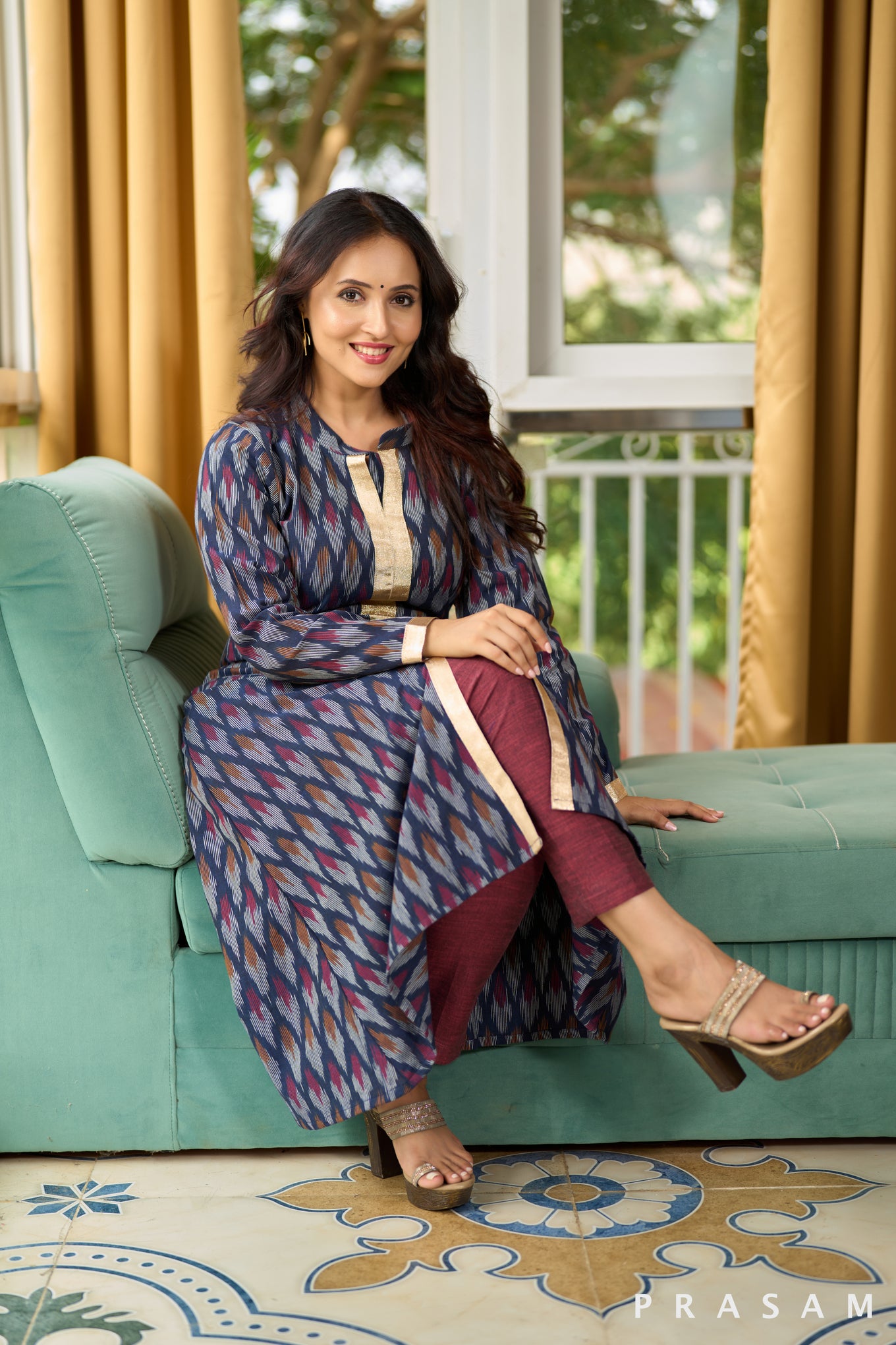 Twilight Navy Ikat Kurta with Delicate Gold Lace (Optional Pants)