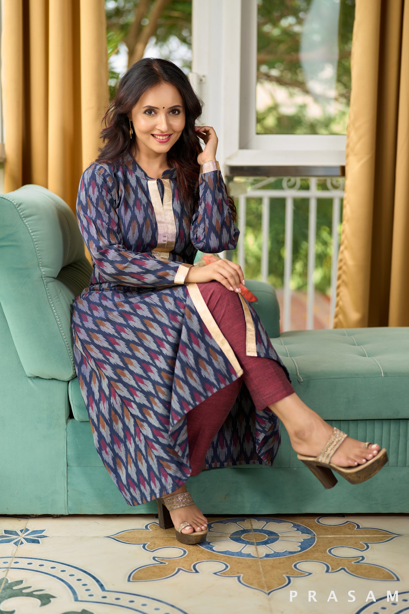 Twilight Navy Ikat Kurta with Delicate Gold Lace (Optional Pants)