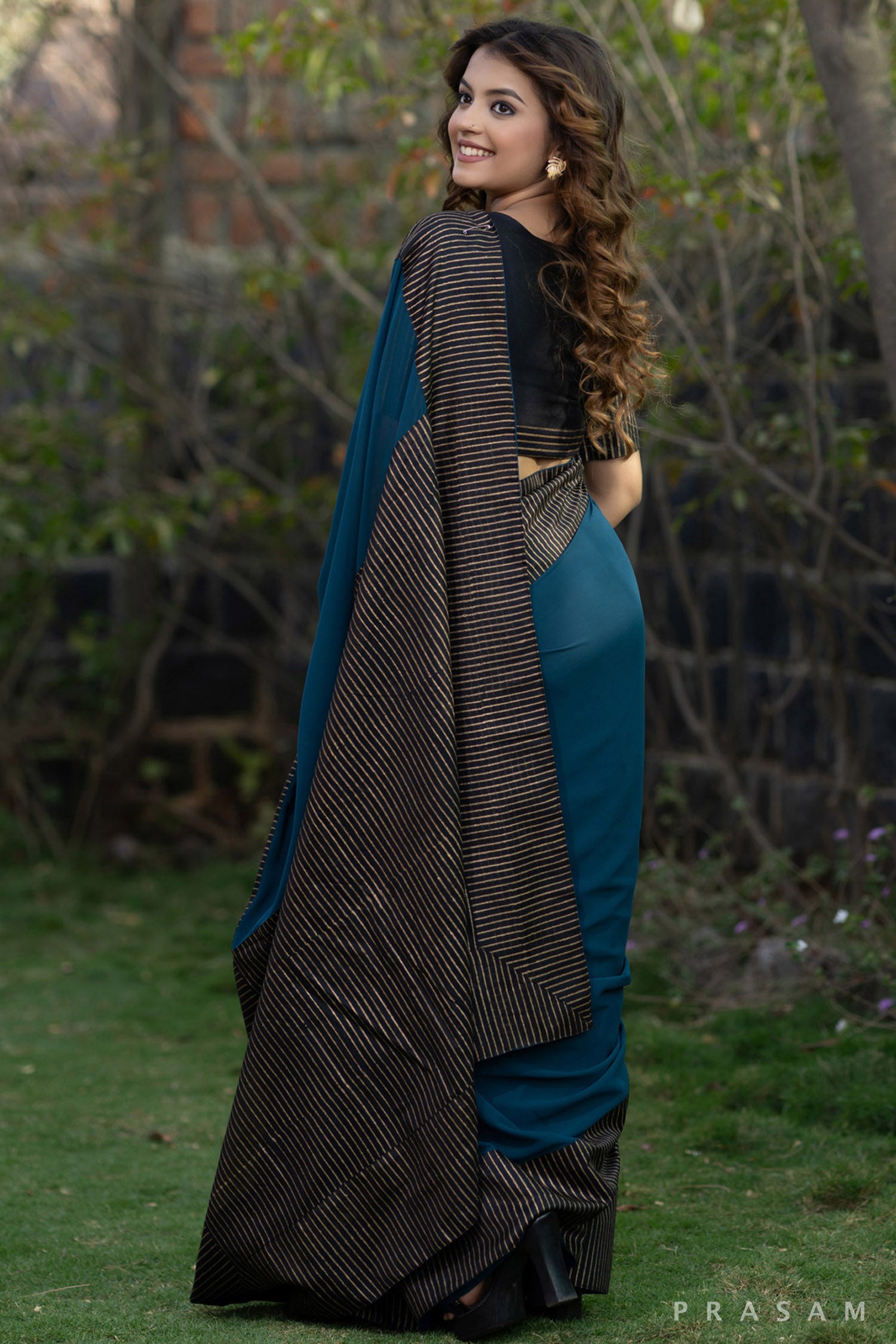 Sajun Teal Green Blue Georgette Saree with Block Printed Pallu and Border