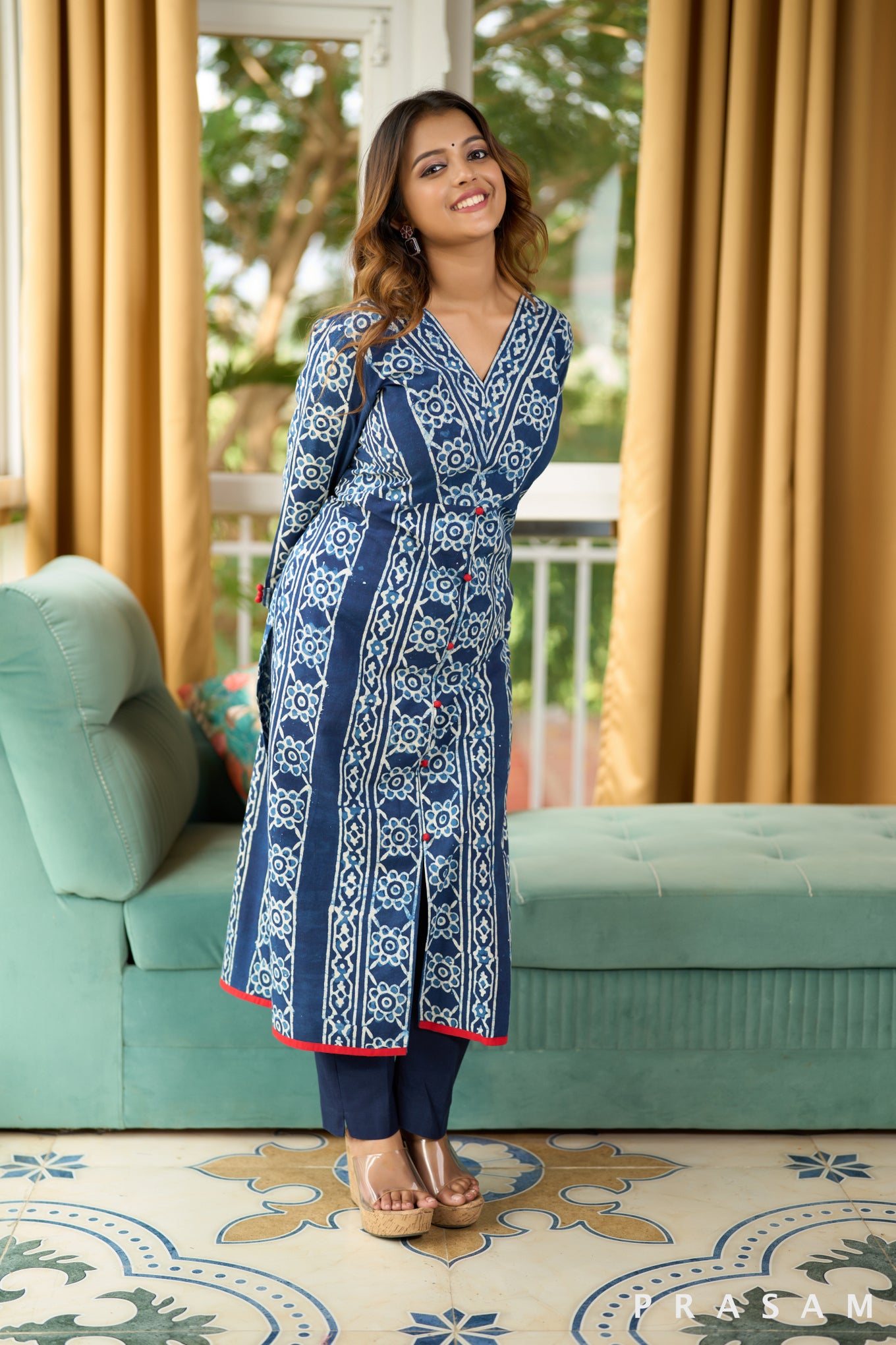 Indigo Enchantment Bagru Kurti with Red Edging (Optional Pants)