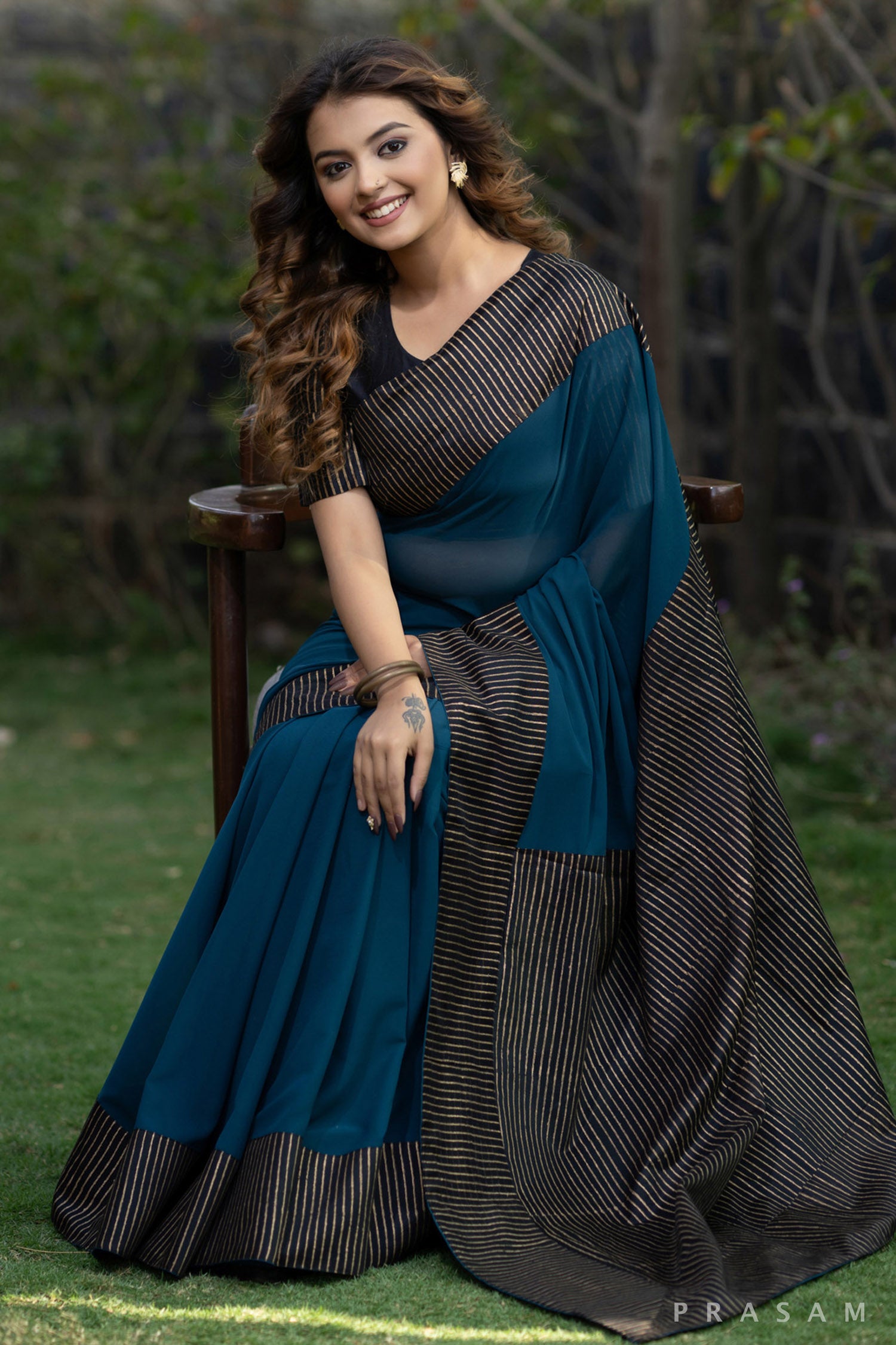 Sajun Teal Green Blue Georgette Saree with Block Printed Pallu and Border