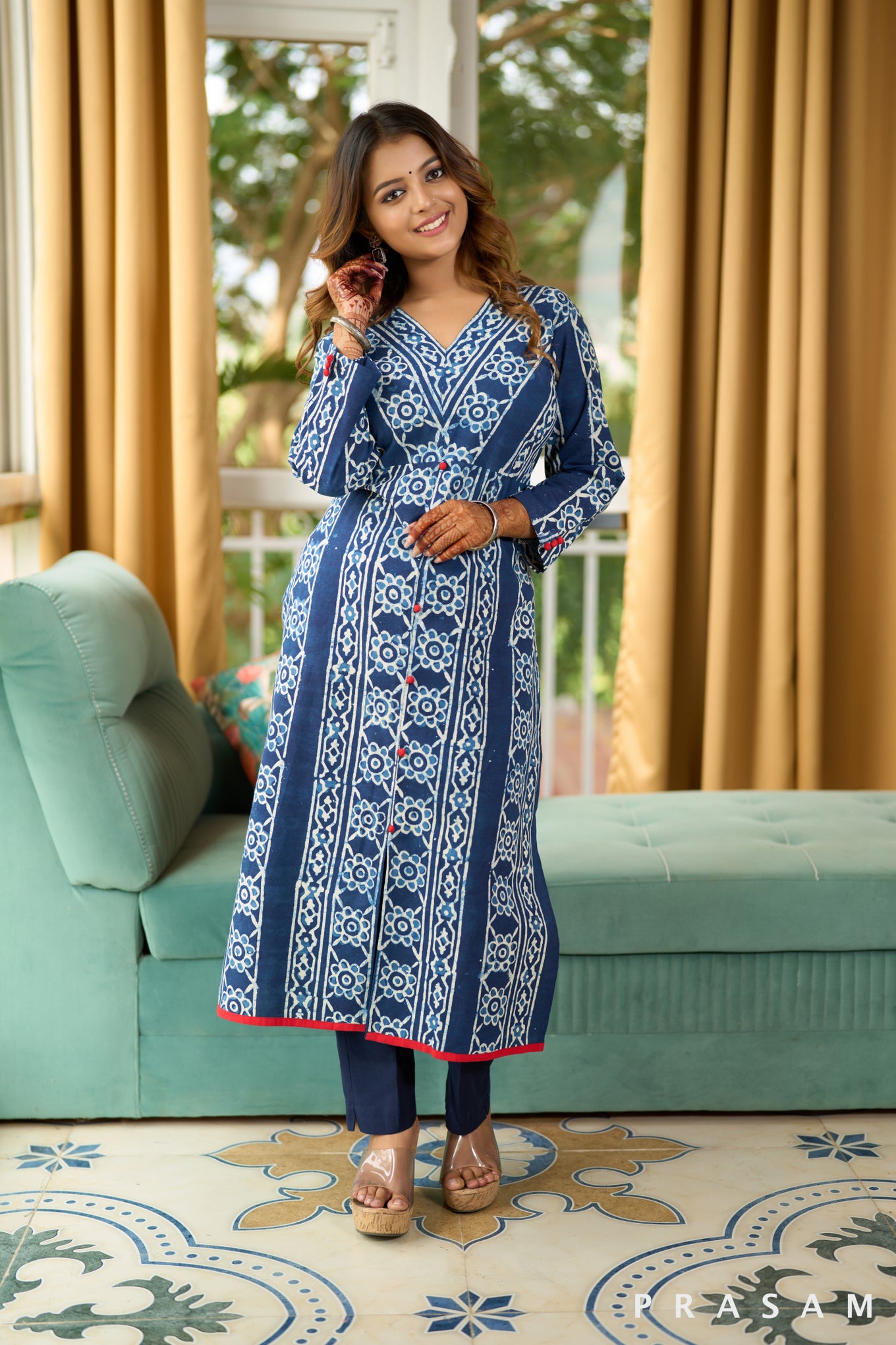 Indigo Enchantment Bagru Kurti with Red Edging (Optional Pants)