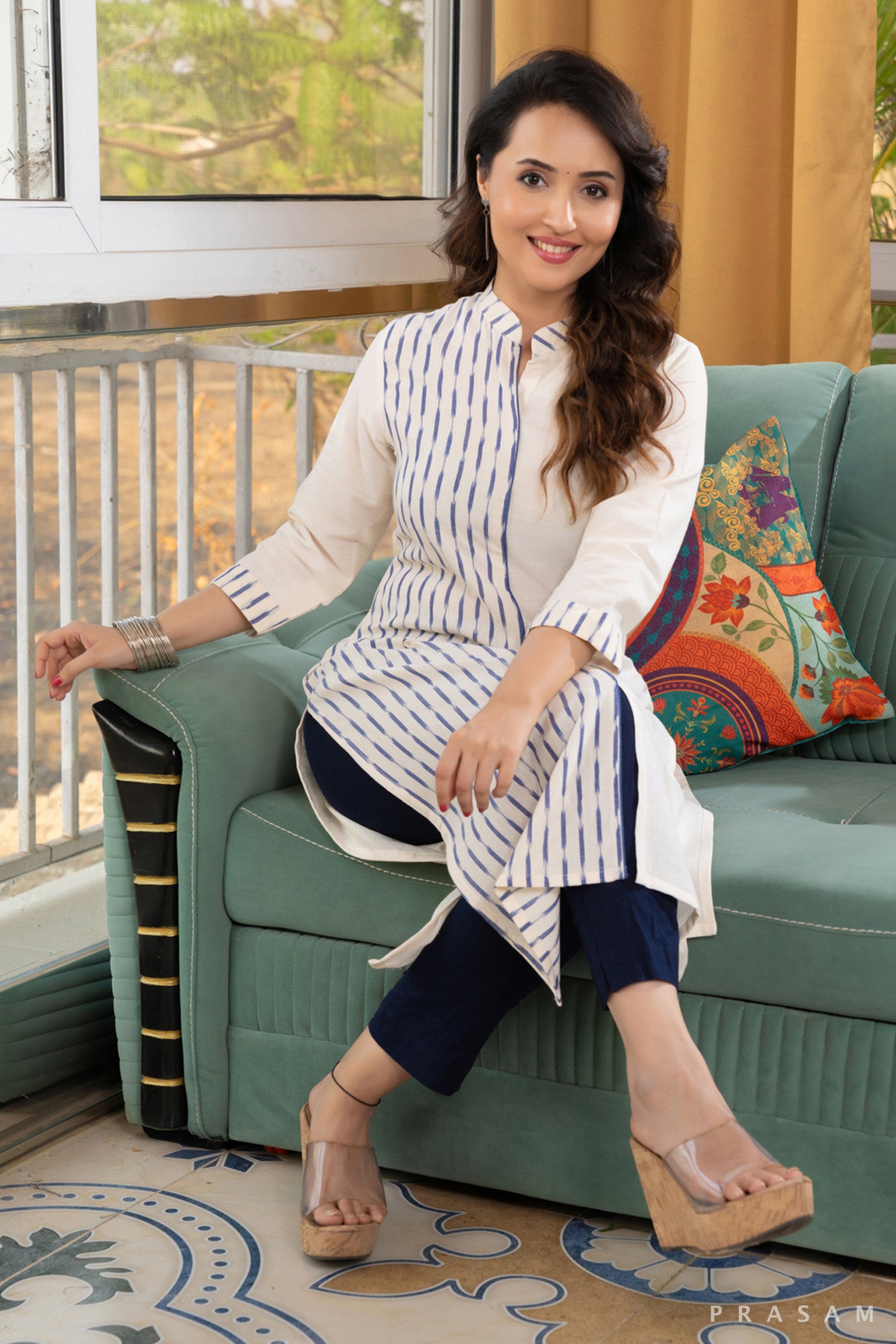 Snowflake Symphony Off-White Combination Ikat and Handloom Cotton Kurti