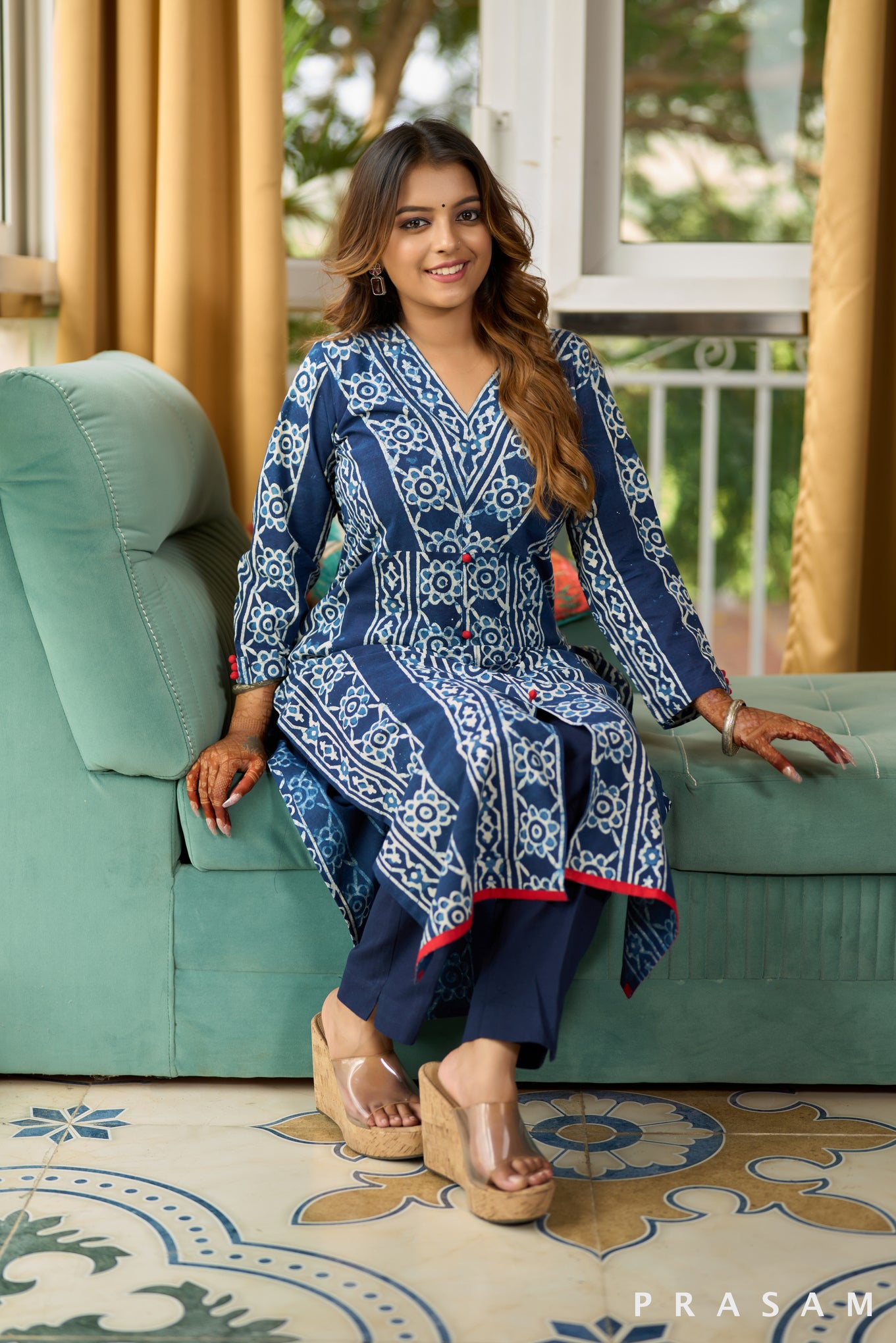 Indigo Enchantment Bagru Kurti with Red Edging (Optional Pants)