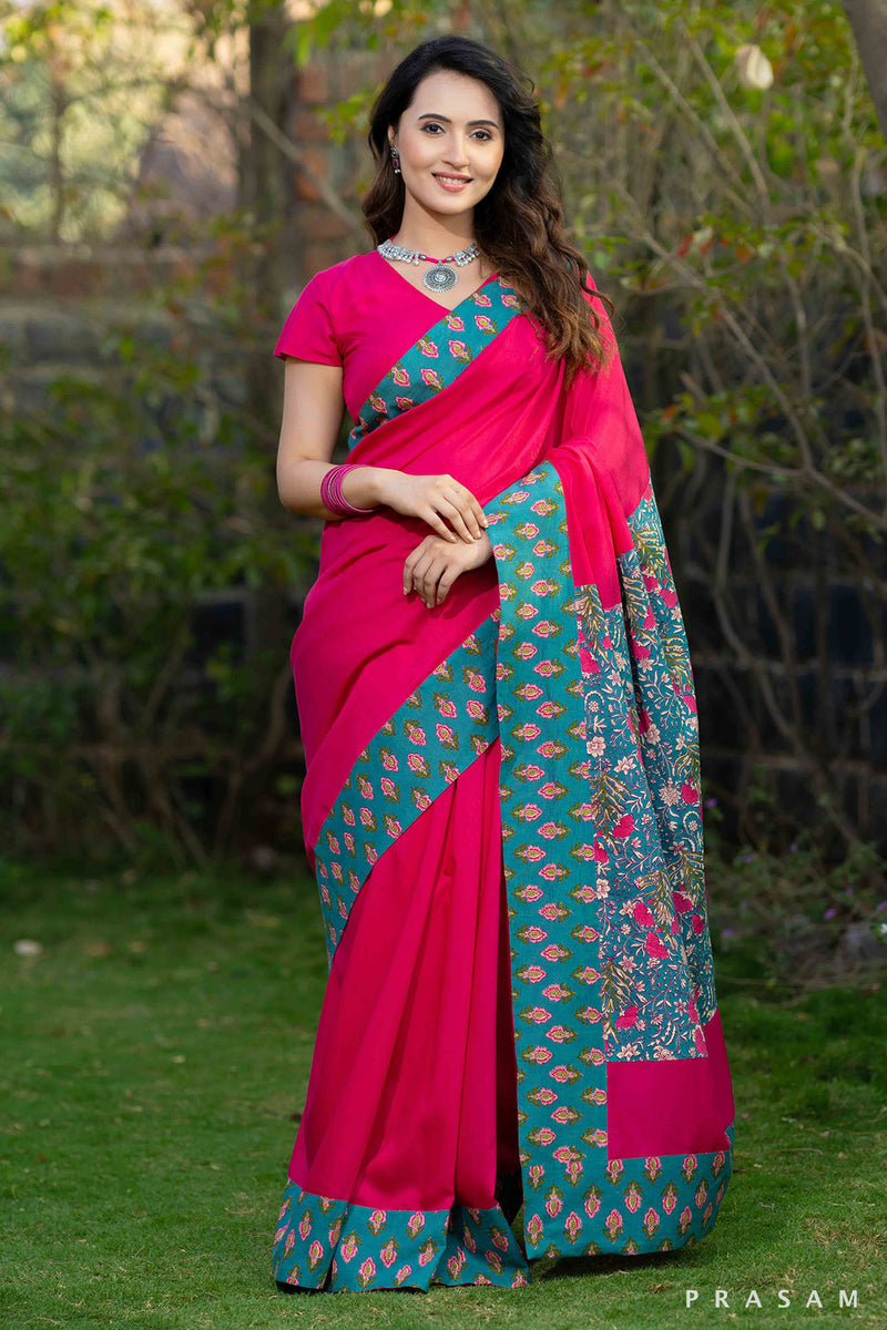 Royal rani pink muslin saree with bagru pallu and border
