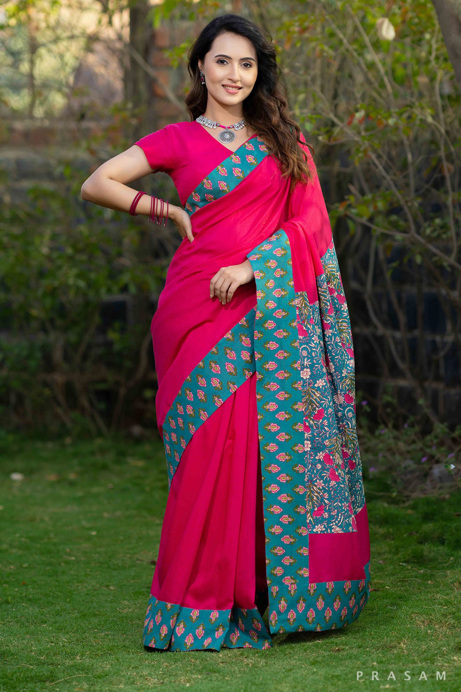 Royal rani pink muslin saree with bagru pallu and border