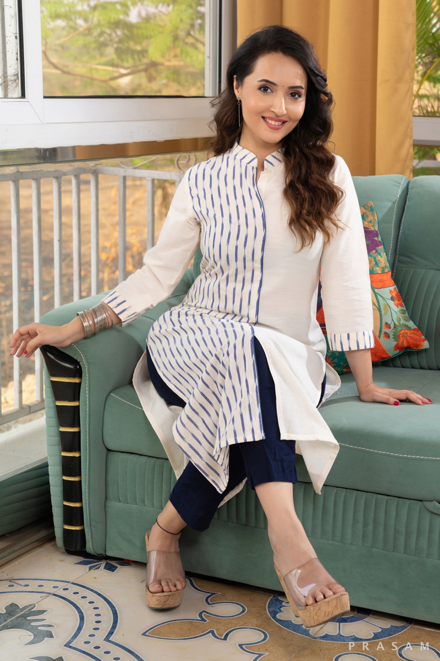 Snowflake Symphony Off-White Combination Ikat and Handloom Cotton Kurti