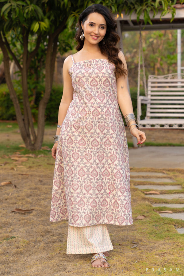 Blush Blossom Baby Pink and Beige Combination Mul Printed Kurti