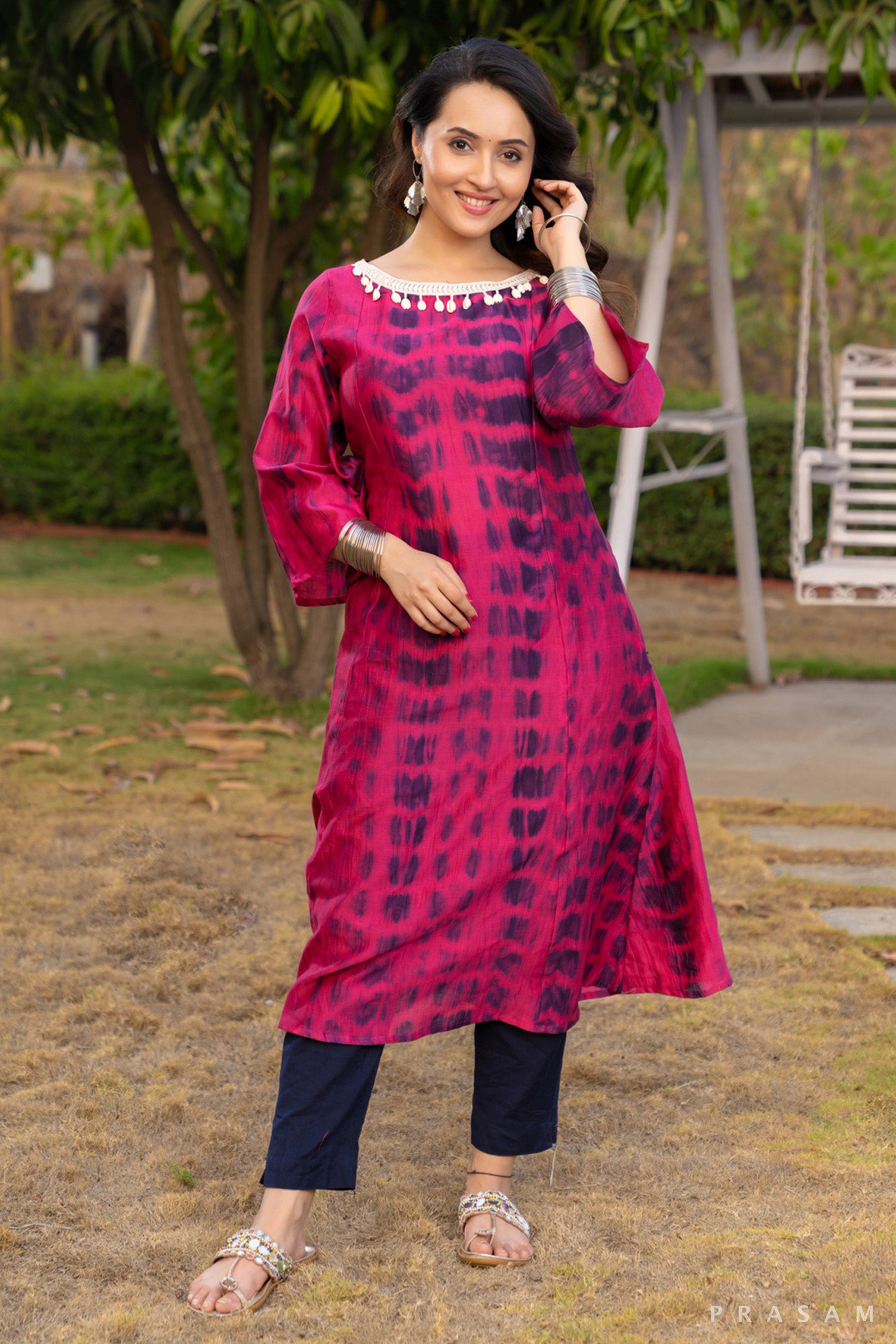 Shibori Serenade Chanderi Kurti with Lace Trim on Neck