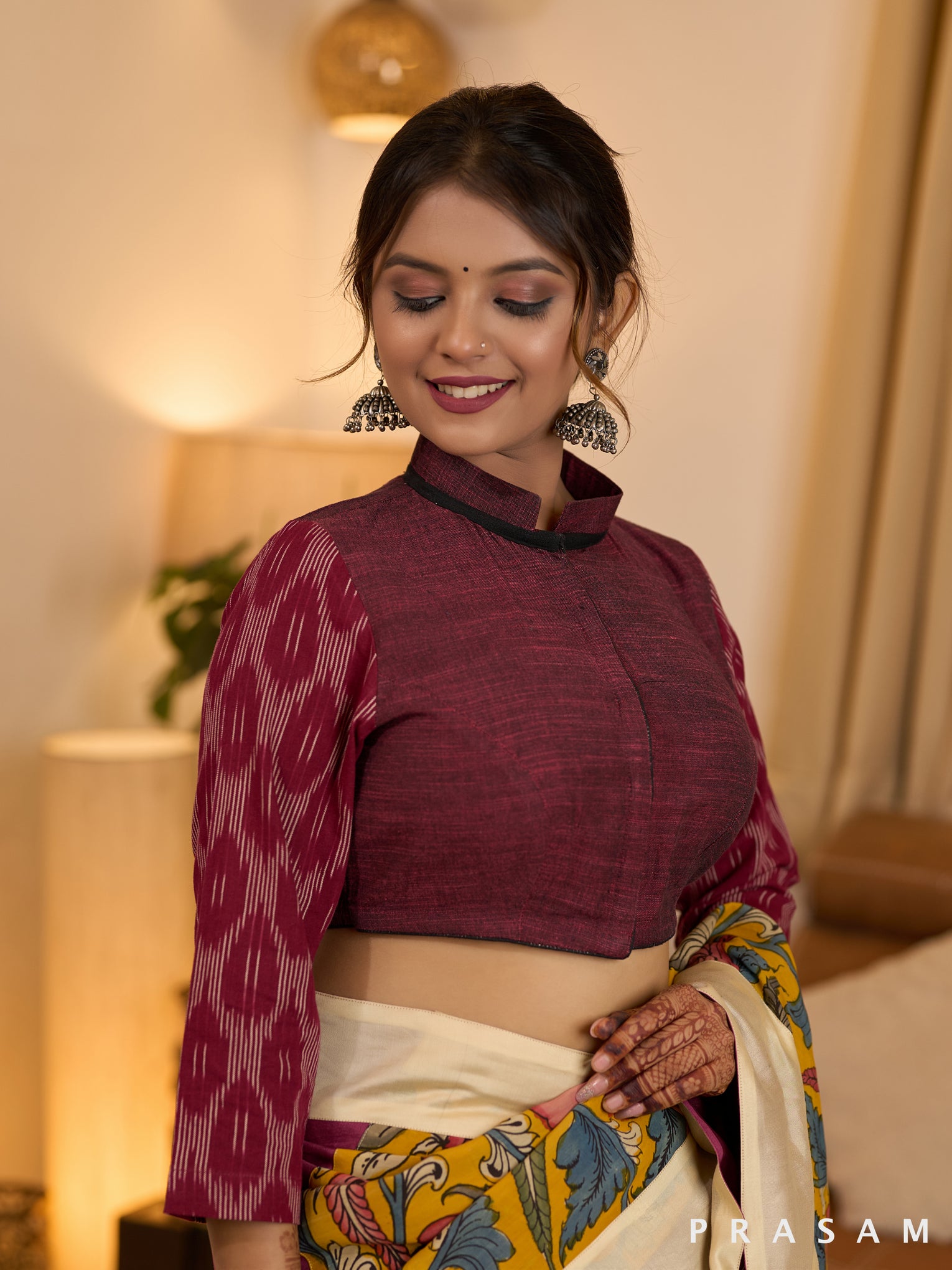 Elegant Maroon Handloom and Ikat Combination Blouse