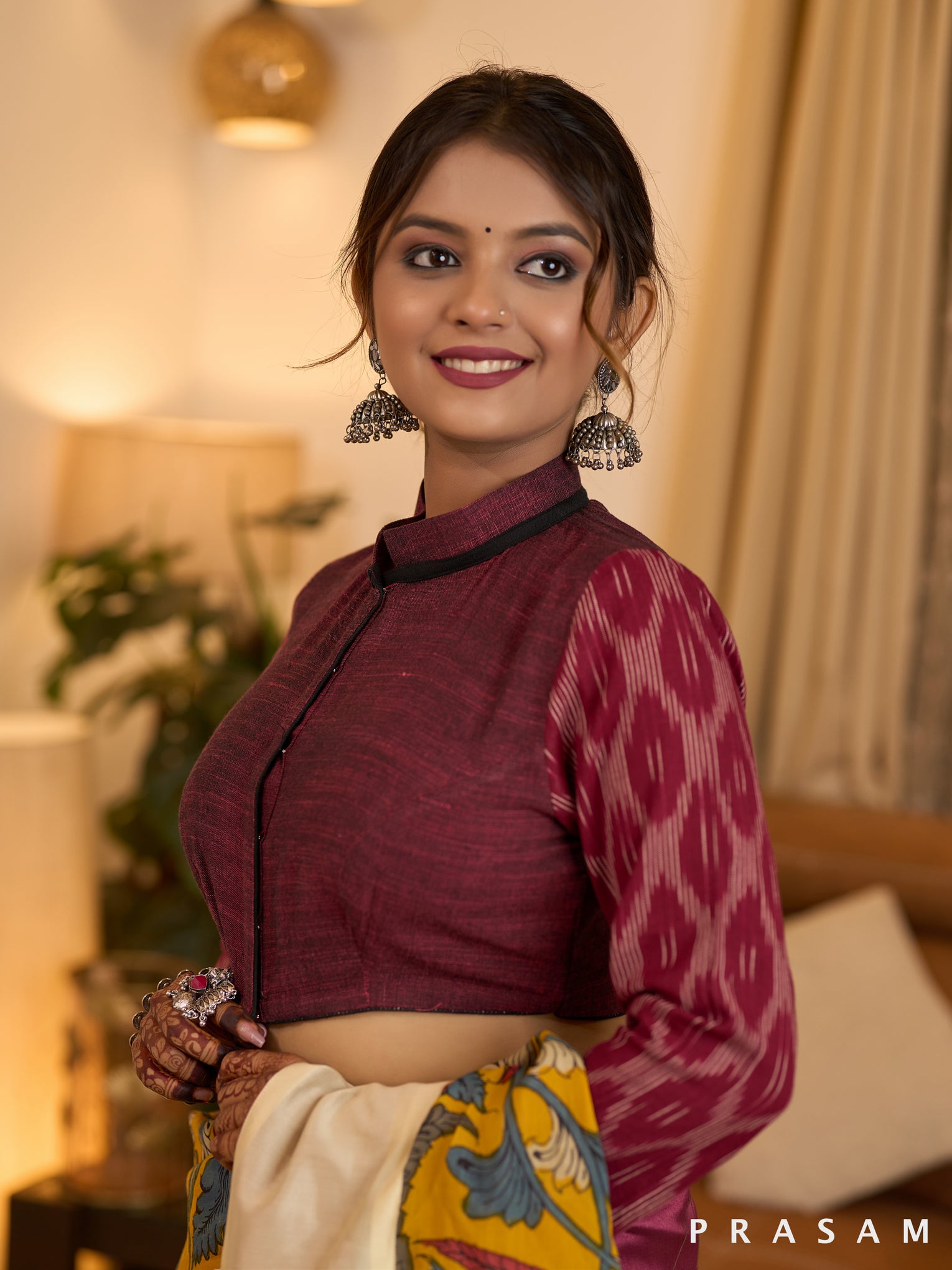 Elegant Maroon Handloom and Ikat Combination Blouse