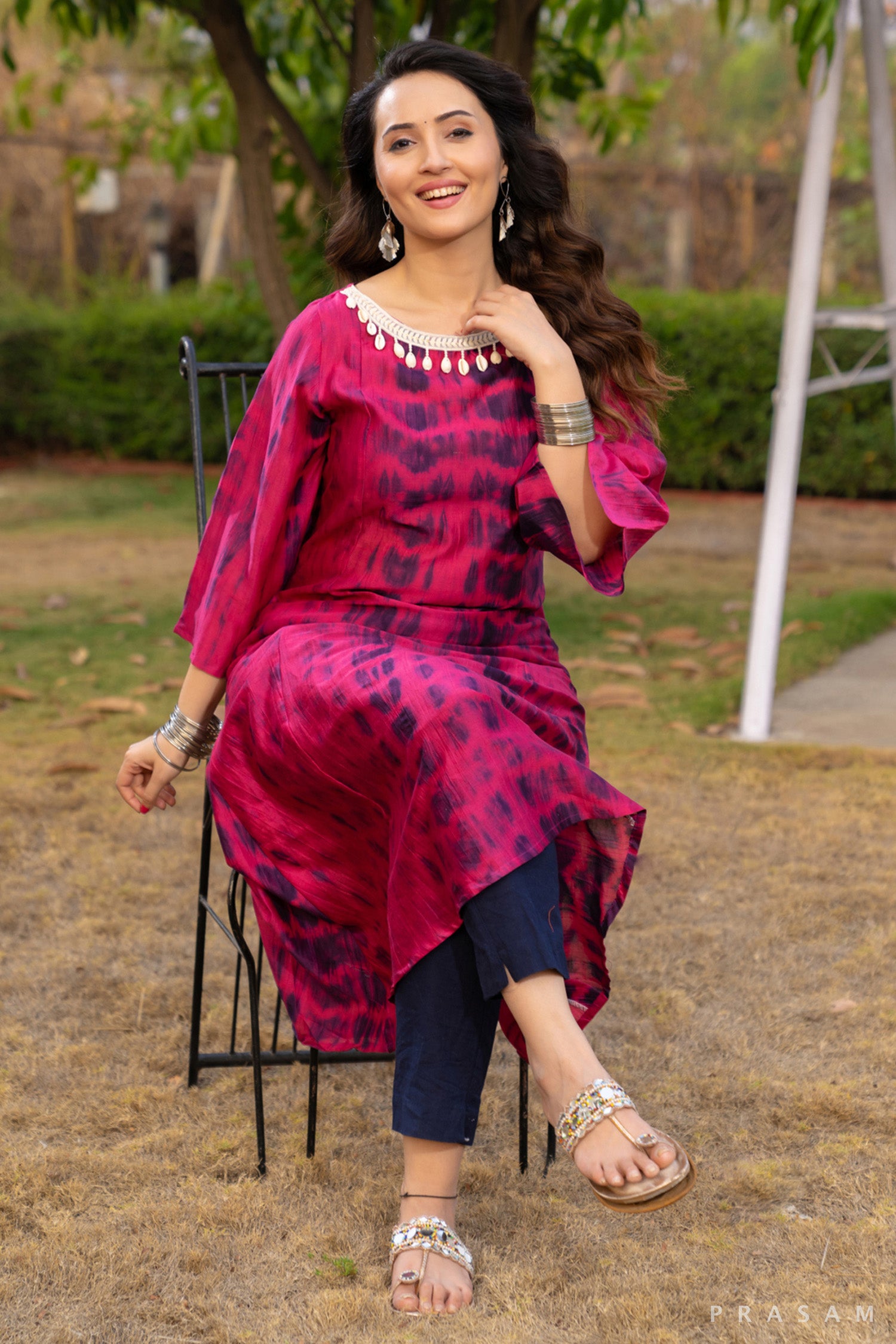 Shibori Serenade Chanderi Kurti with Lace Trim on Neck