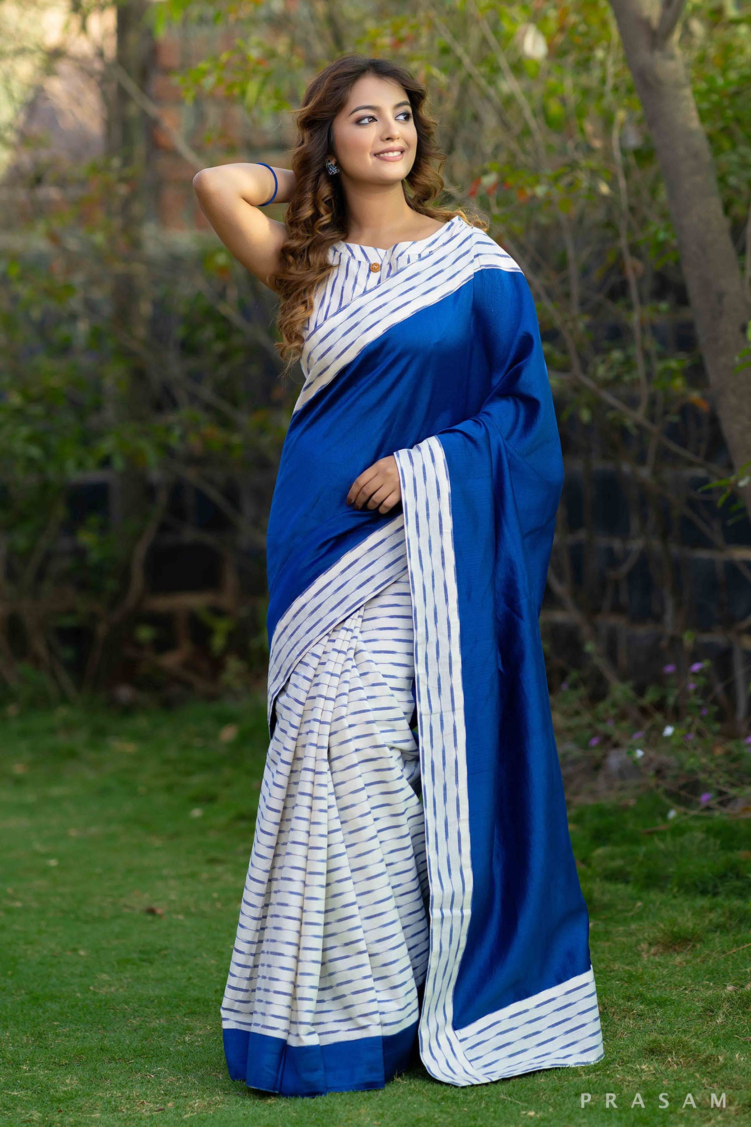 Ice blue cotton ikat and chanderi half and half fusion saree