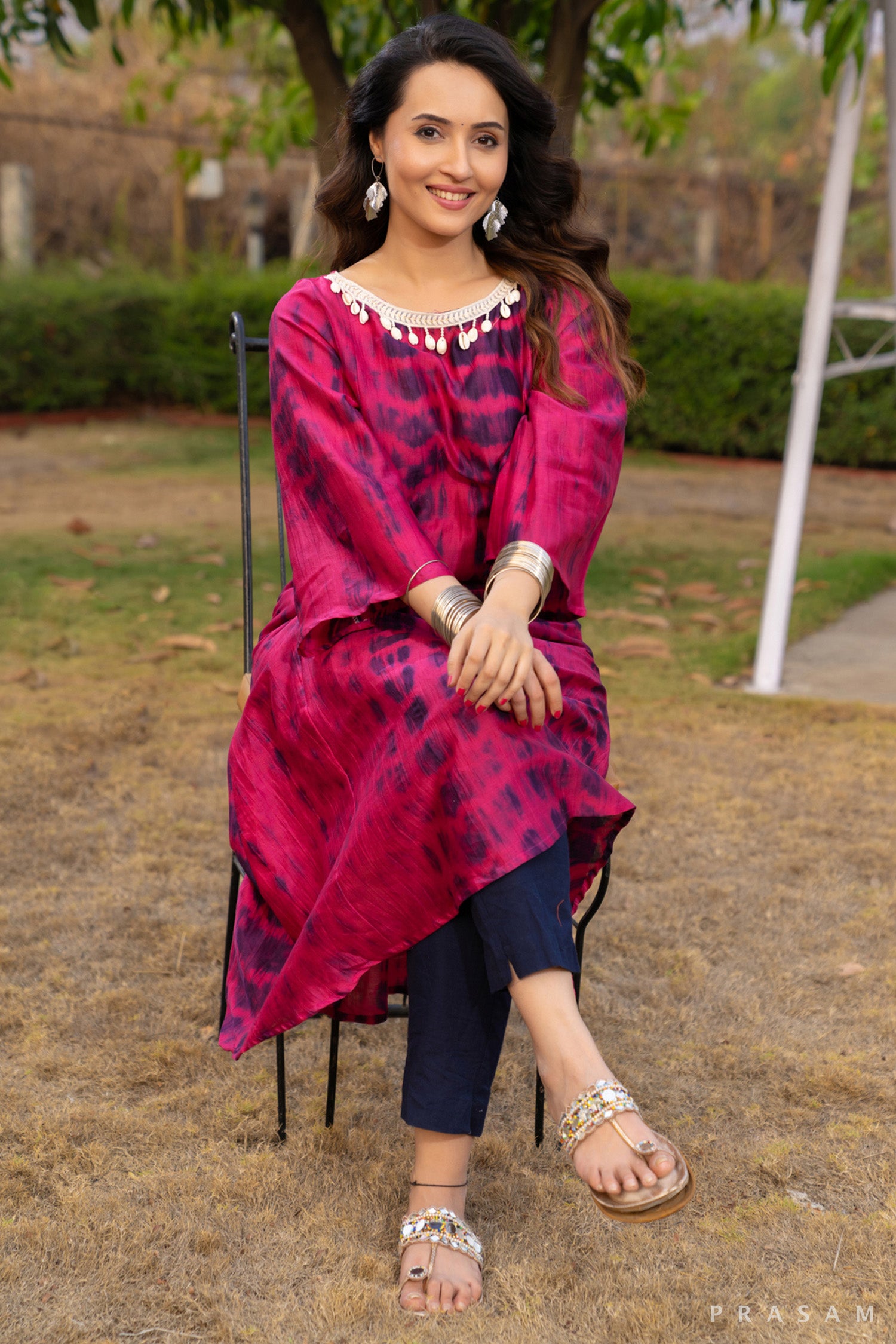 Shibori Serenade Chanderi Kurti with Lace Trim on Neck