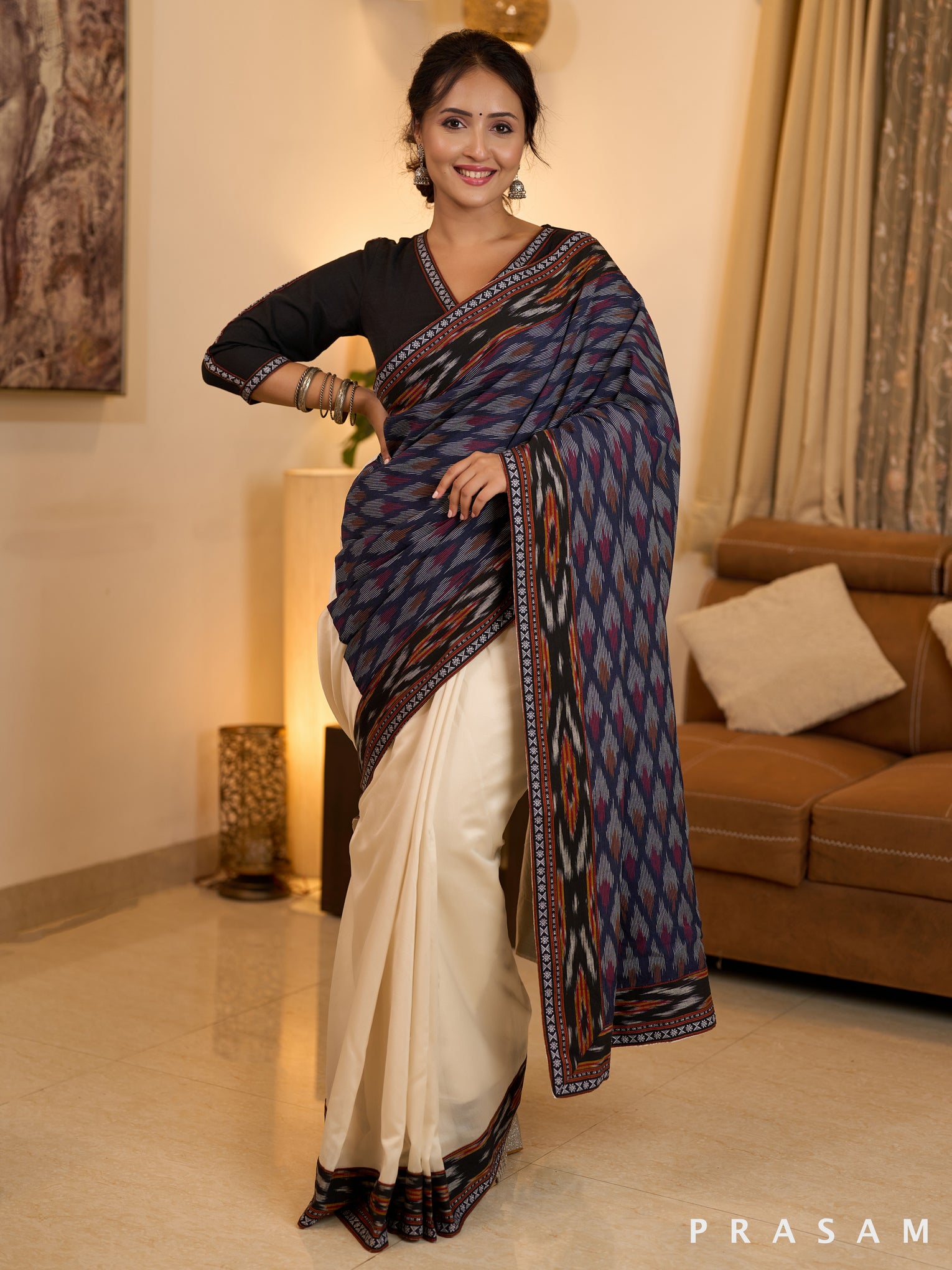 Chanderi Charm Ikat Fusion Saree with Dobby Border