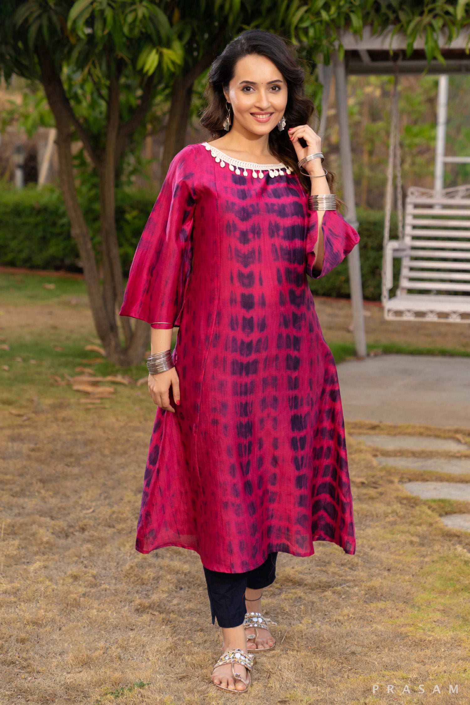 Shibori Serenade Chanderi Kurti with Lace Trim on Neck