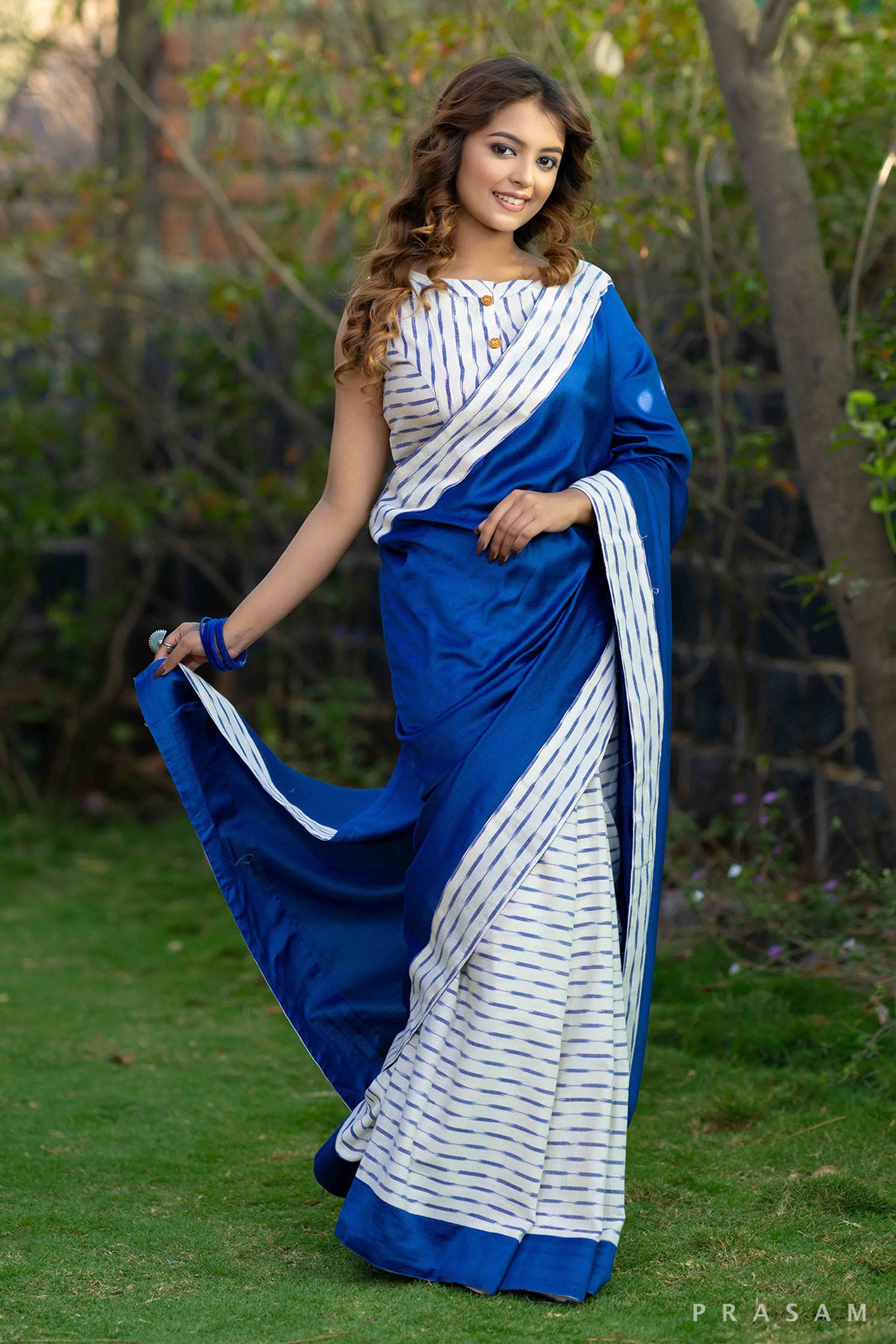 Ice blue cotton ikat and chanderi half and half fusion saree