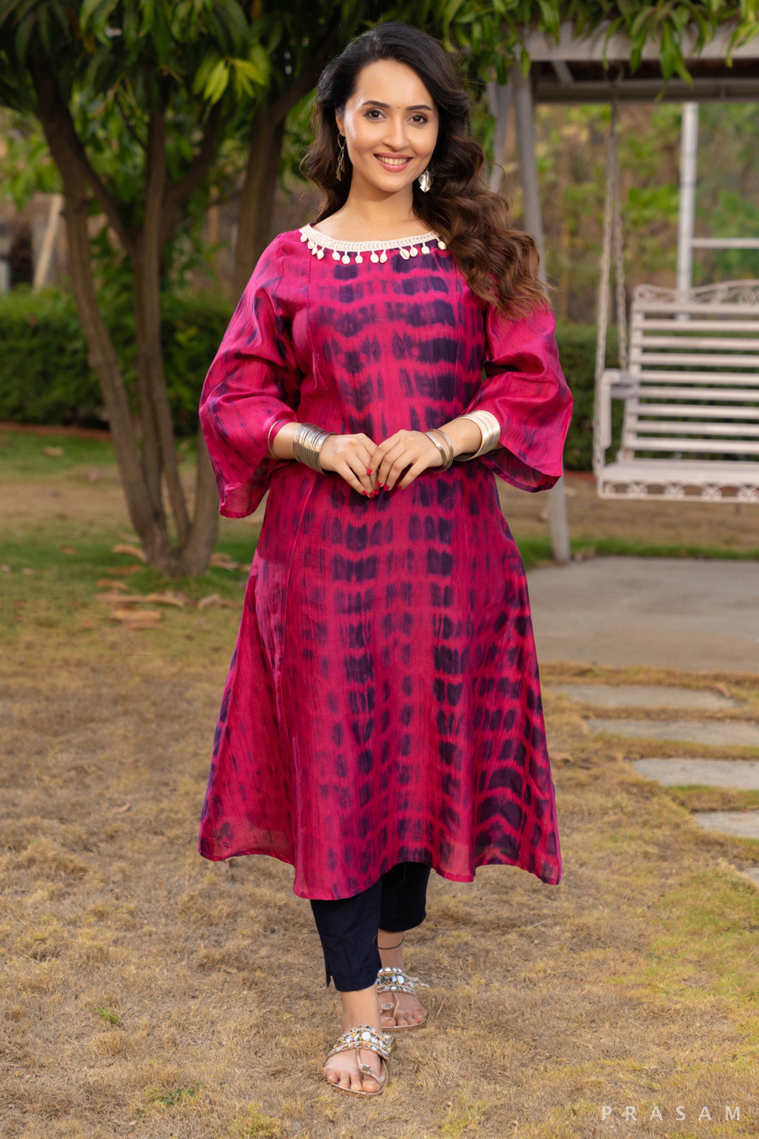 Shibori Serenade Chanderi Kurti with Lace Trim on Neck