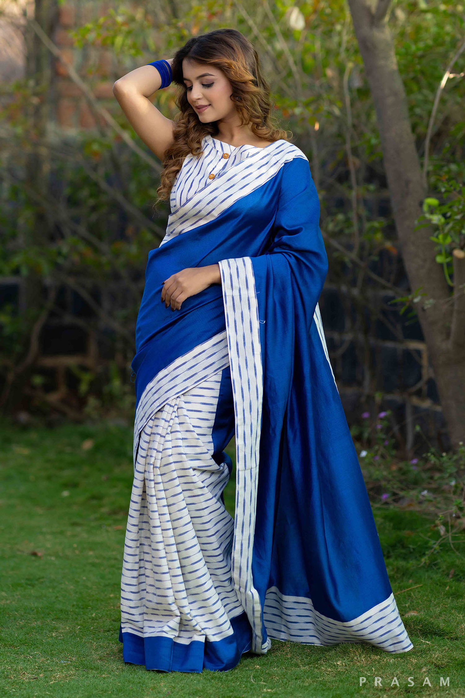 Ice blue cotton ikat and chanderi half and half fusion saree