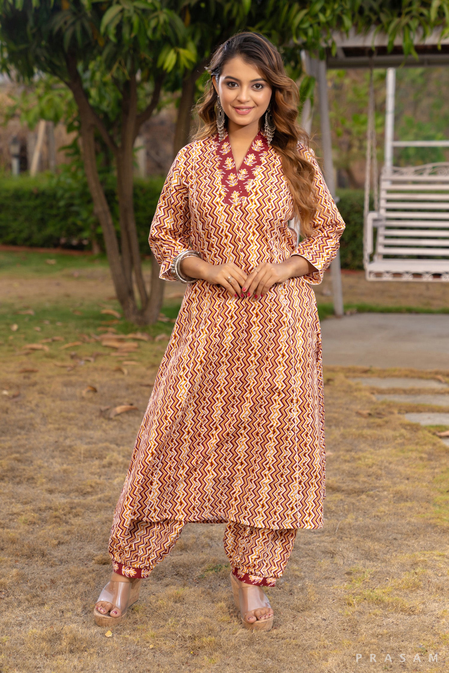 Autumn Spice Maroon and Beige Printed Cotton Mul Kurta Set