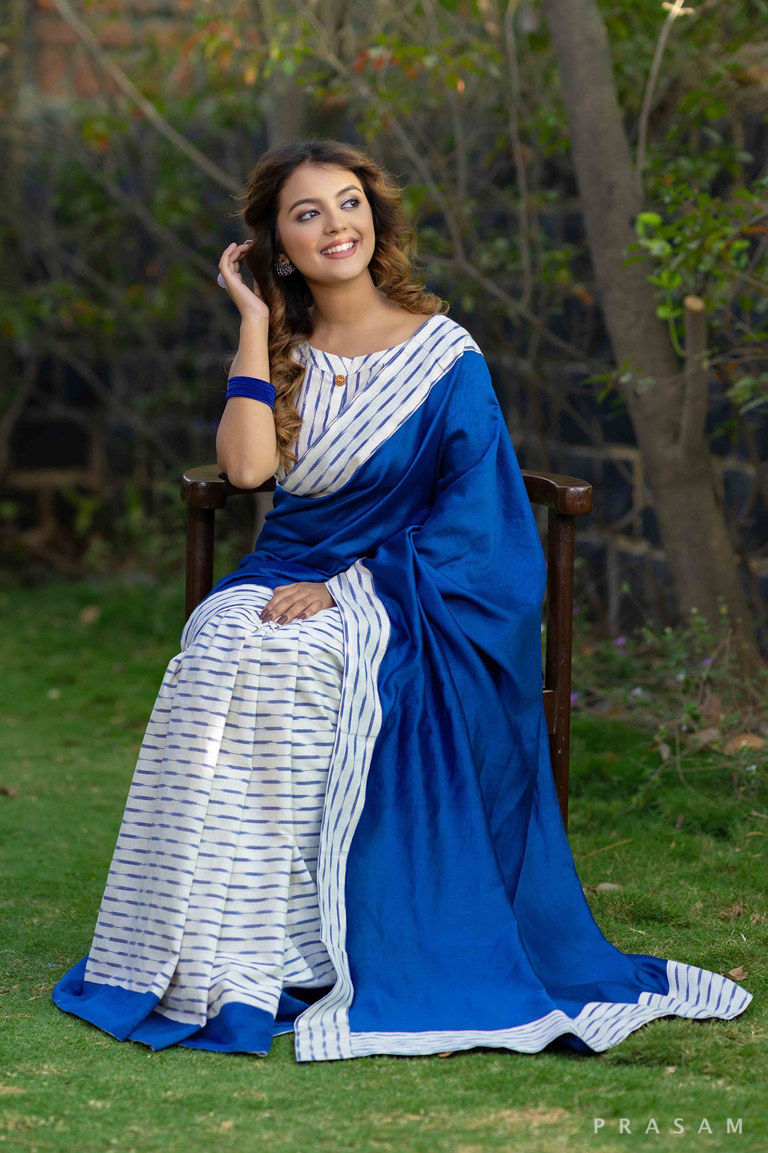 Ice blue cotton ikat and chanderi half and half fusion saree