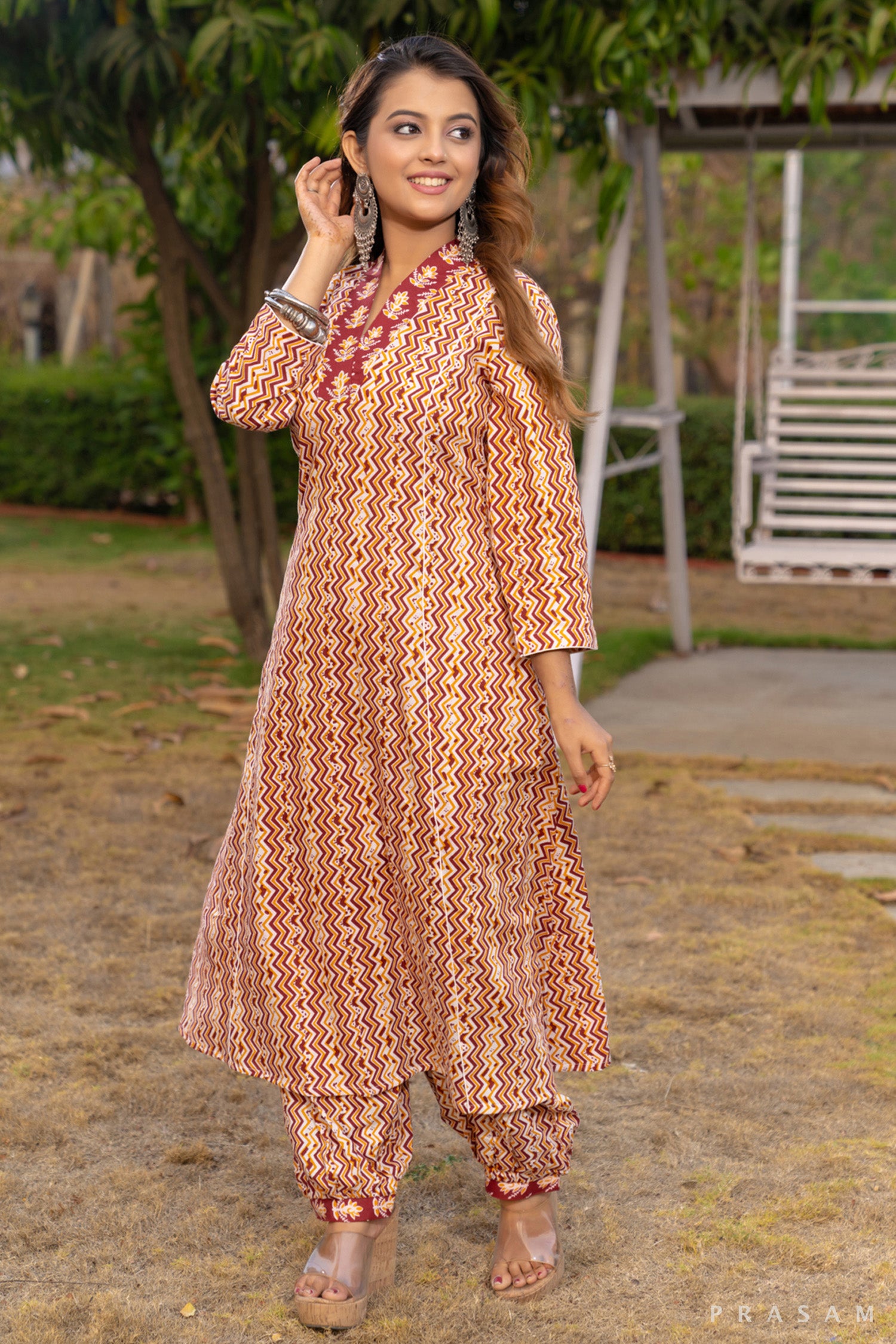 Autumn Spice Maroon and Beige Printed Cotton Mul Kurta Set