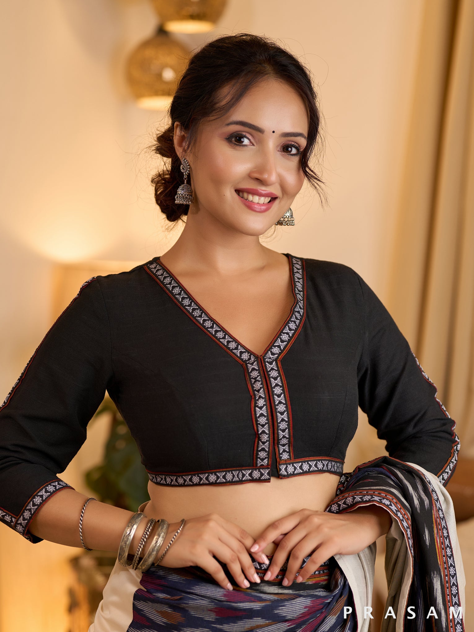 Black Handloom and Ikat Border Combination Blouse