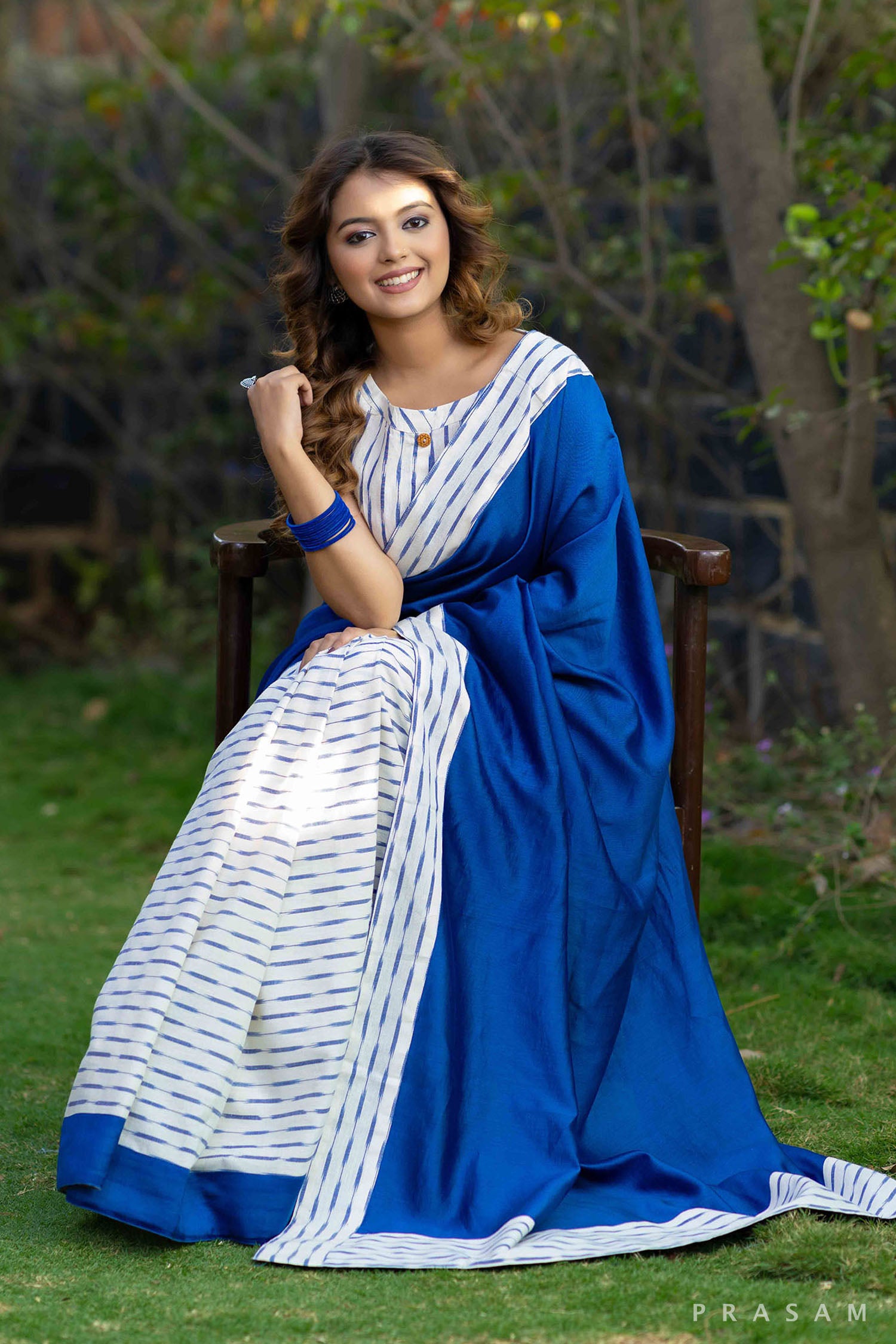 Ice blue cotton ikat and chanderi half and half fusion saree