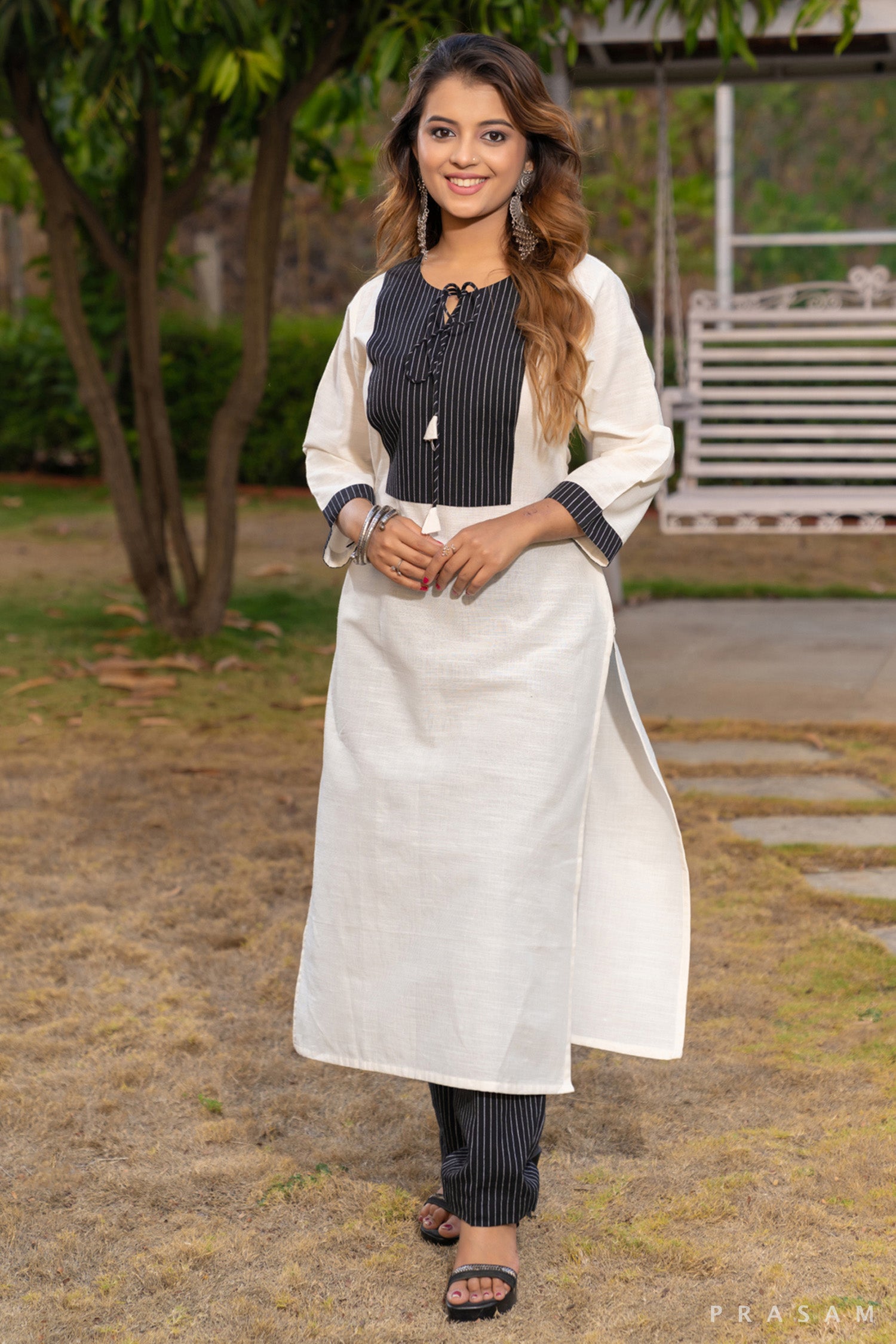 Whispering Sands Off-White Handloom Cotton Kurti with Stripe Yoke (Optional Pants)